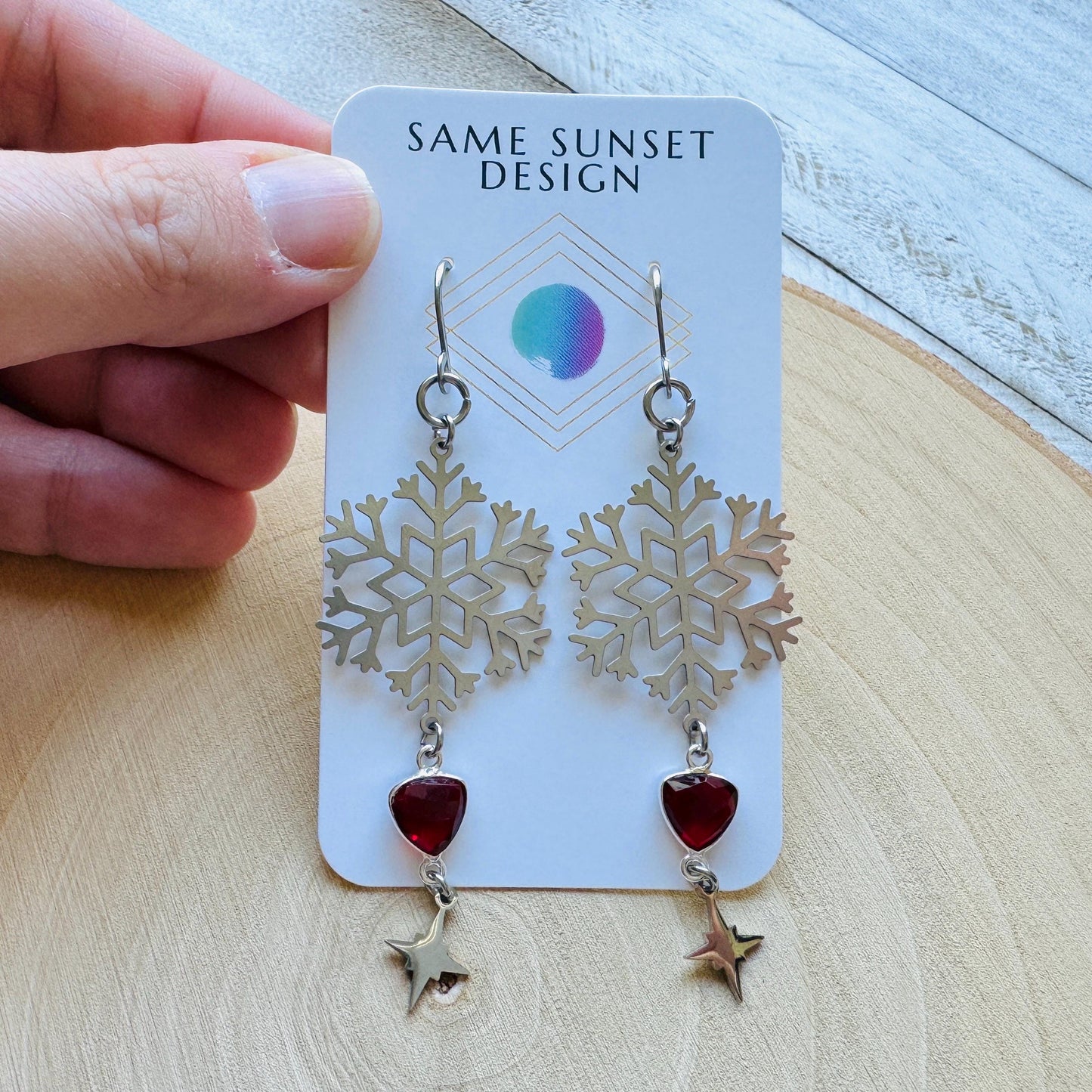 Snowflake Earrings, Garnet Earrings, Boho Earrings, Nature Lover Gift, Best Friend Birthday Gift, Sweet 16 Gift, Stocking Stuffers for Mom