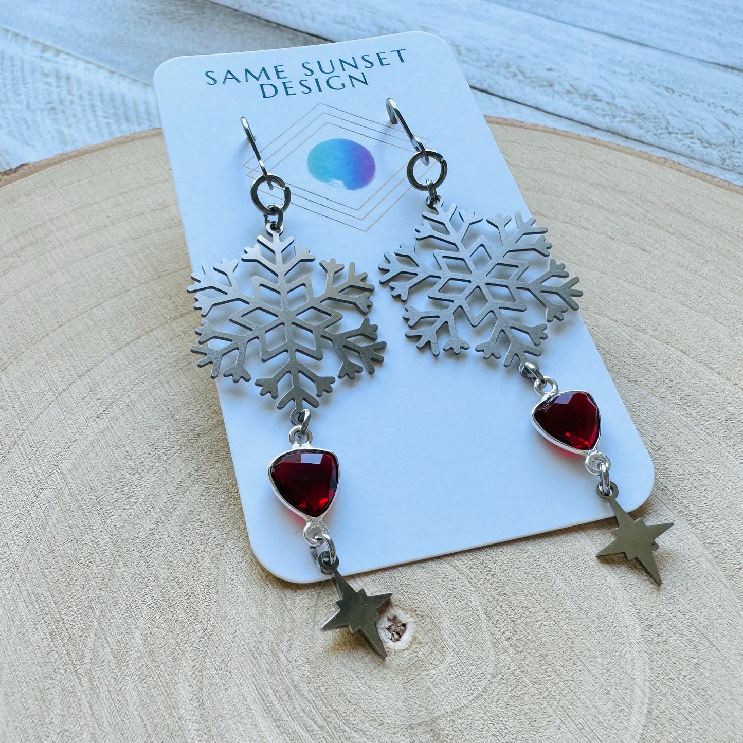 Snowflake Earrings, Garnet Earrings, Boho Earrings, Nature Lover Gift, Best Friend Birthday Gift, Sweet 16 Gift, Stocking Stuffers for Mom