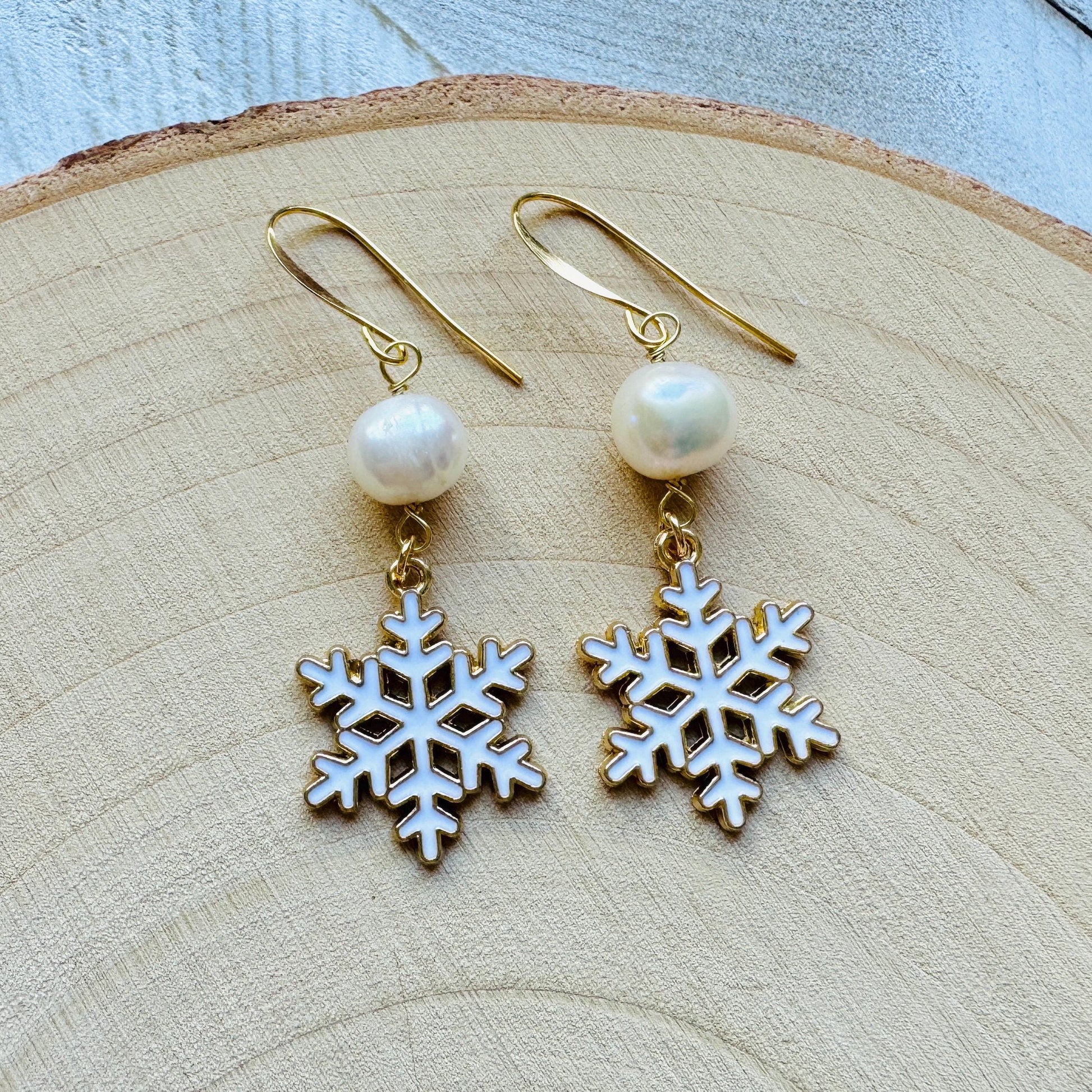 Snowflake Earrings, Pearl Earrings, Boho Earrings, Nature Lover Gift, Best Friend Birthday Gift, Stocking Stuffers for Mom, Teen Girl Gifts