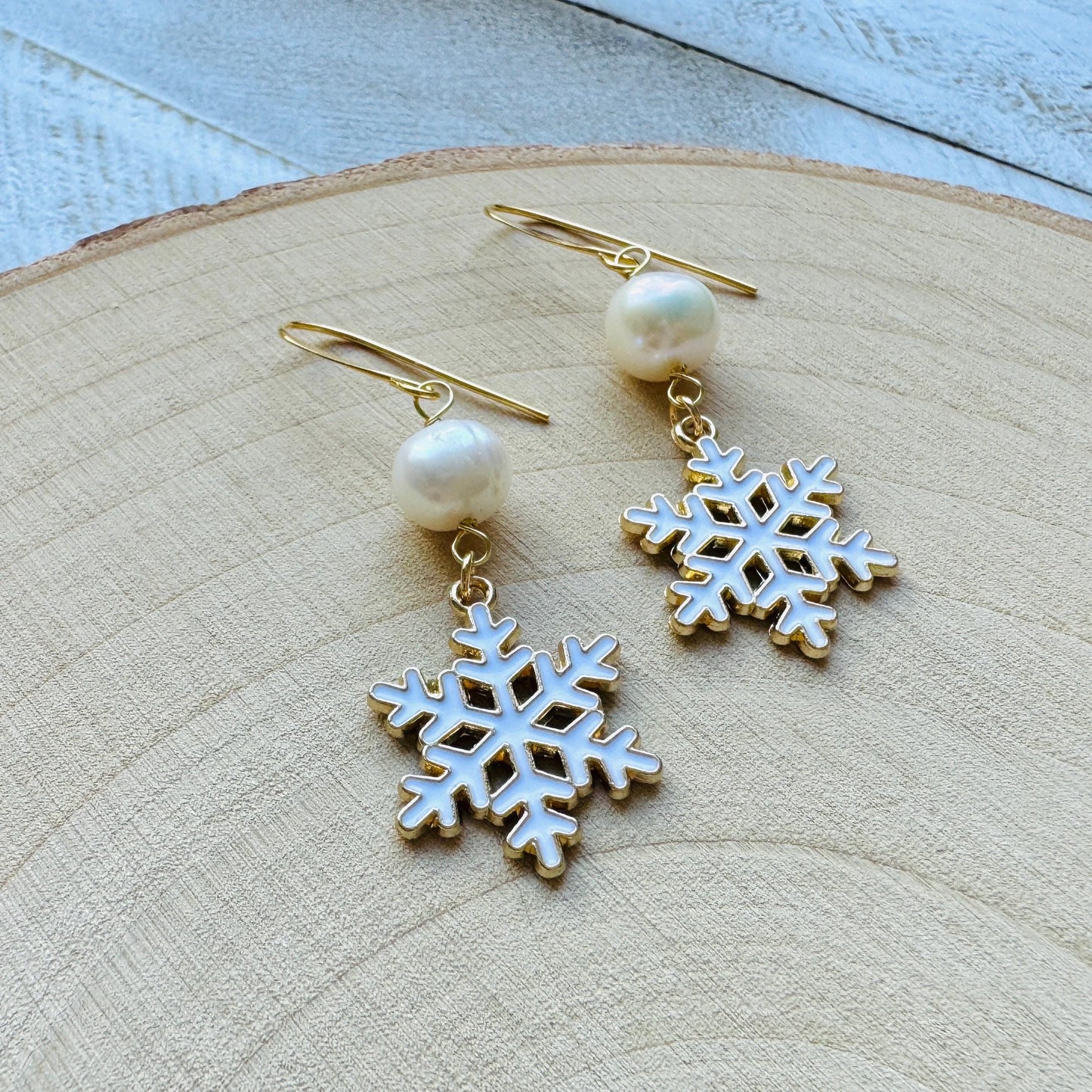 Snowflake Earrings, Pearl Earrings, Boho Earrings, Nature Lover Gift, Best Friend Birthday Gift, Stocking Stuffers for Mom, Teen Girl Gifts
