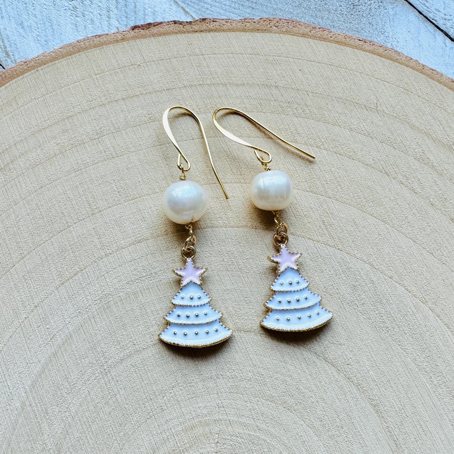 Christmas Tree Earrings, Pearl Earrings, Holiday Earrings Dangle, Stocking Stuffers for Mom, Teen Girl Gifts, BFF Christmas Gifts, Boho Chic