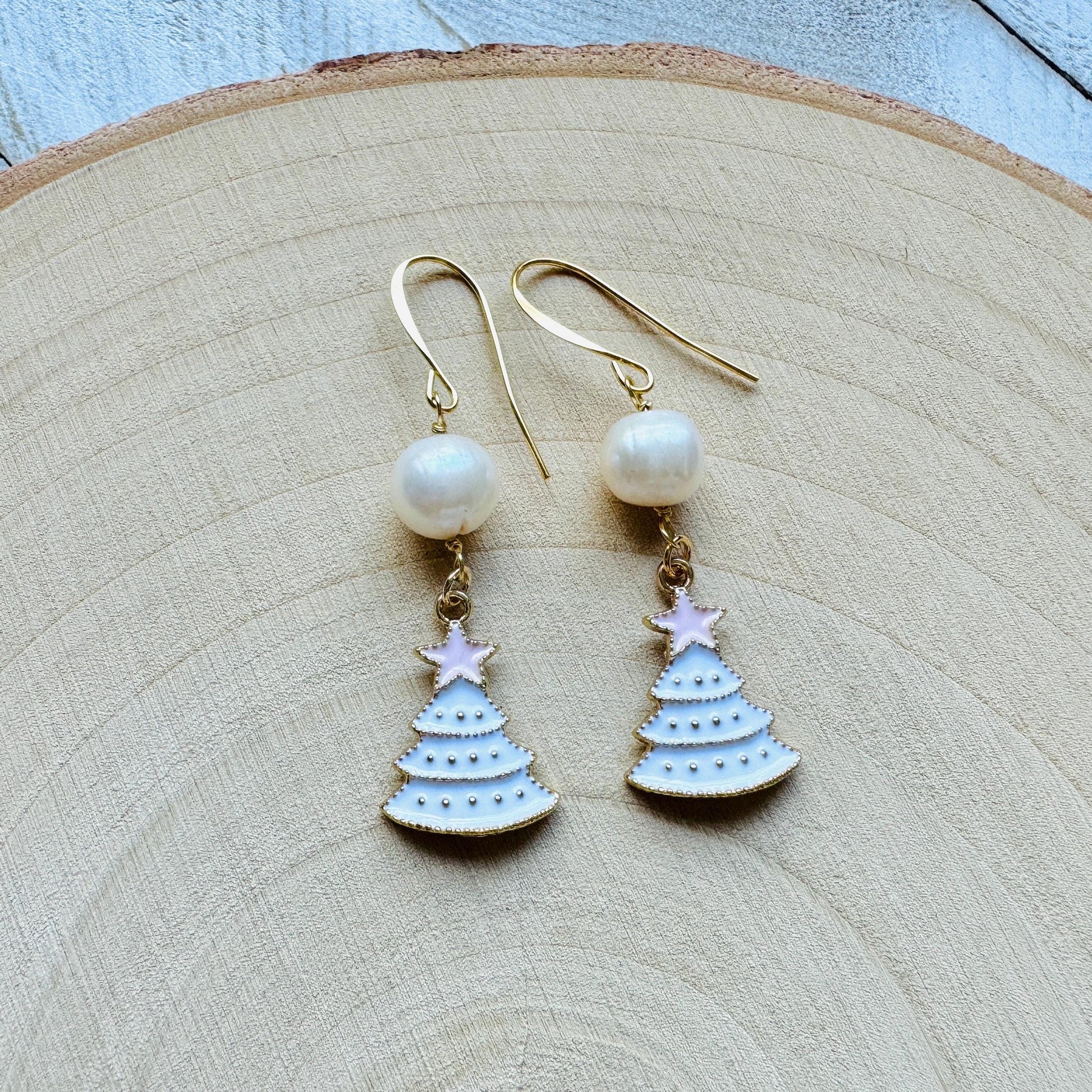 Christmas Tree Earrings, Pearl Earrings, Holiday Earrings Dangle, Stocking Stuffers for Mom, Teen Girl Gifts, BFF Christmas Gifts, Boho Chic