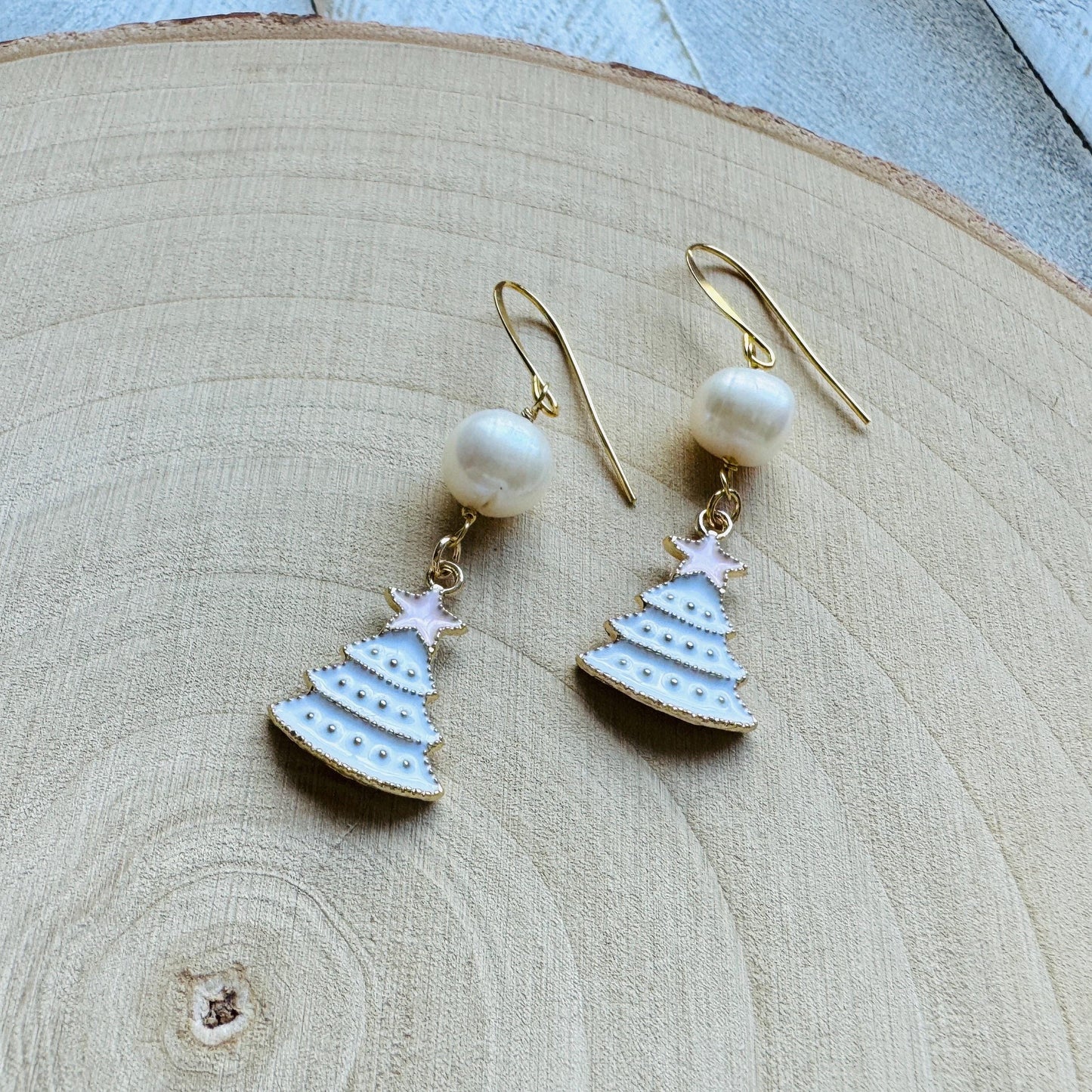 Christmas Tree Earrings, Pearl Earrings, Holiday Earrings Dangle, Stocking Stuffers for Mom, Teen Girl Gifts, BFF Christmas Gifts, Boho Chic
