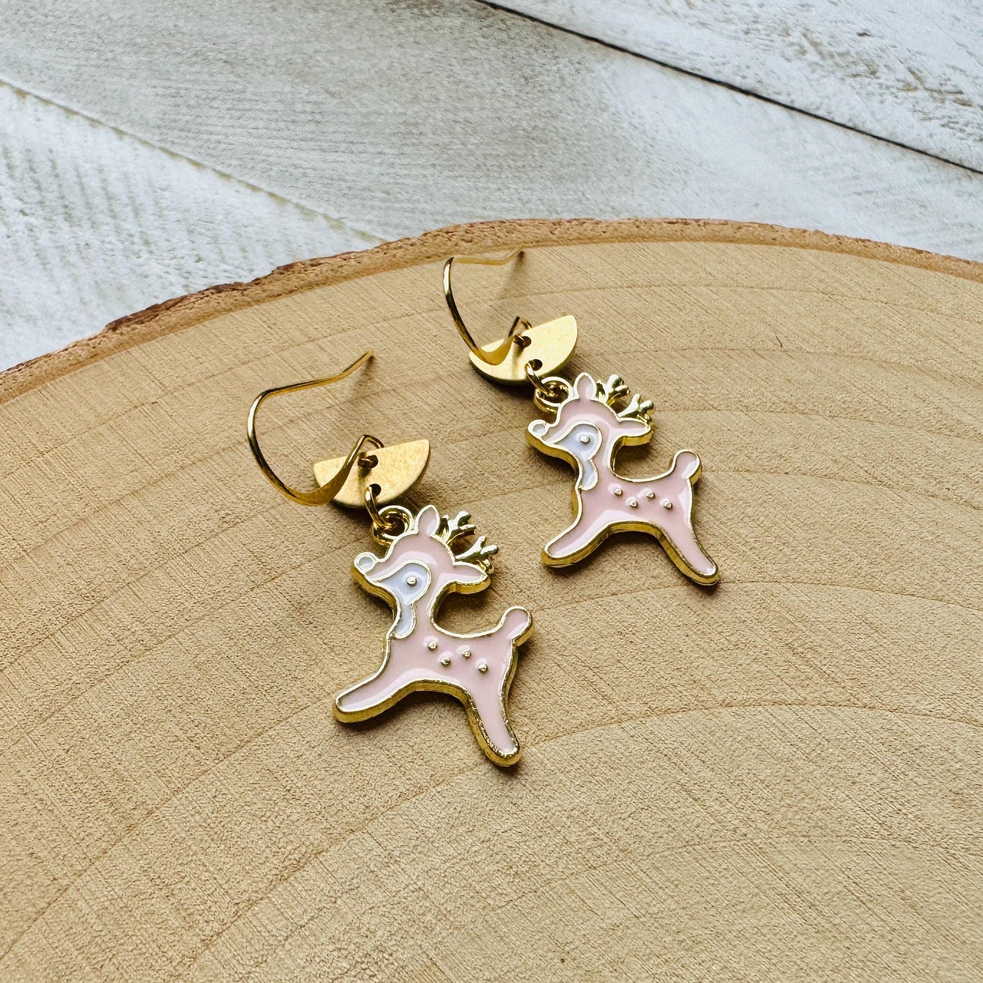 Reindeer Earrings, Pink Earrings, Holiday Earrings Dangle, Stocking Stuffers for Mom, Best Christmas Gifts for Women, Sweet 16 Gift