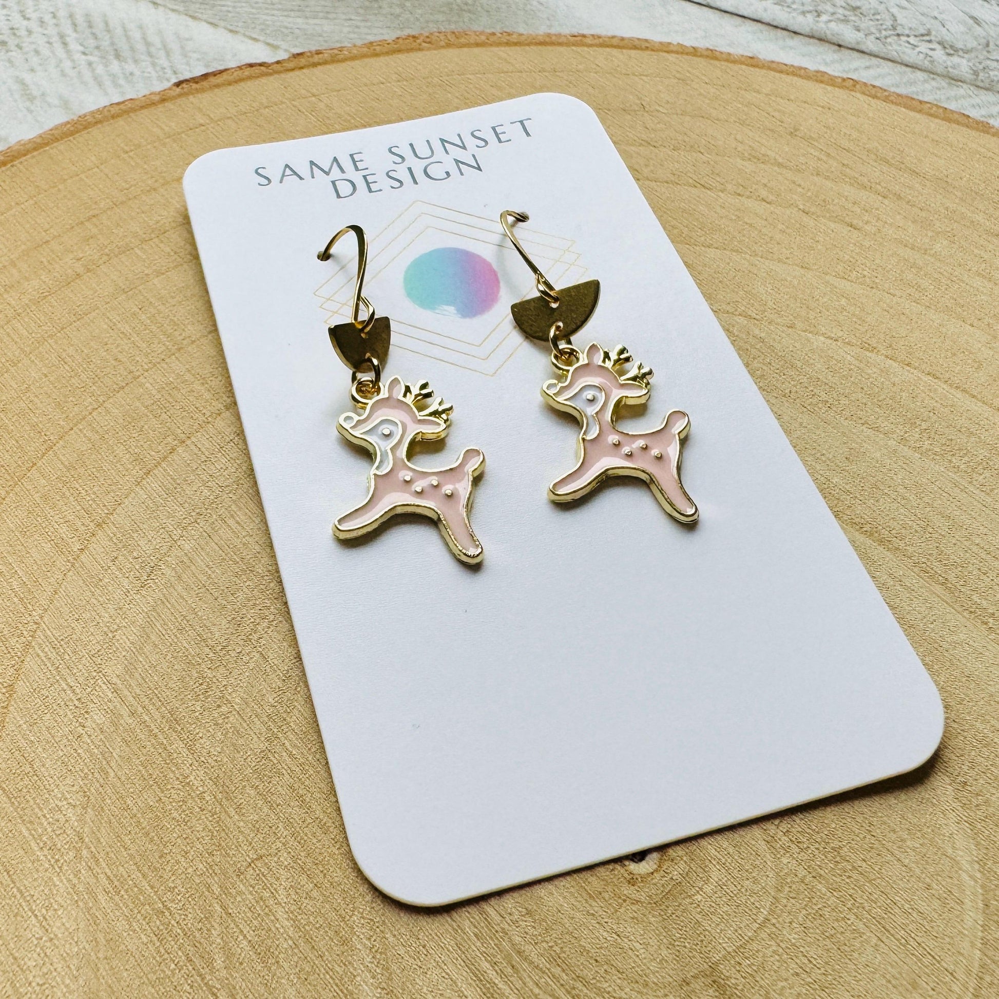Reindeer Earrings, Pink Earrings, Holiday Earrings Dangle, Stocking Stuffers for Mom, Best Christmas Gifts for Women, Sweet 16 Gift
