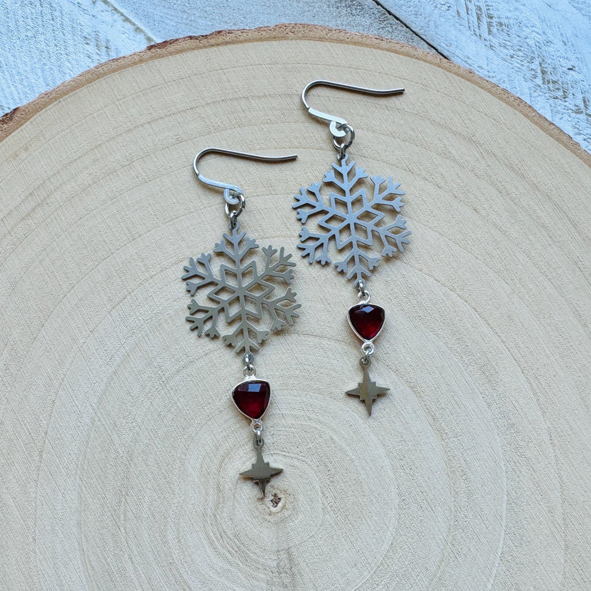 Snowflake Earrings, Garnet Earrings, Boho Earrings, Nature Lover Gift, Best Friend Birthday Gift, Sweet 16 Gift, Stocking Stuffers for Mom