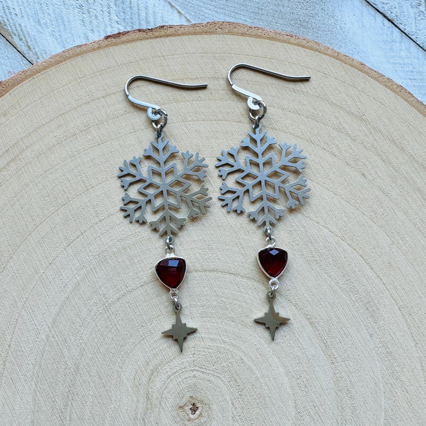 Snowflake Earrings, Garnet Earrings, Boho Earrings, Nature Lover Gift, Best Friend Birthday Gift, Sweet 16 Gift, Stocking Stuffers for Mom