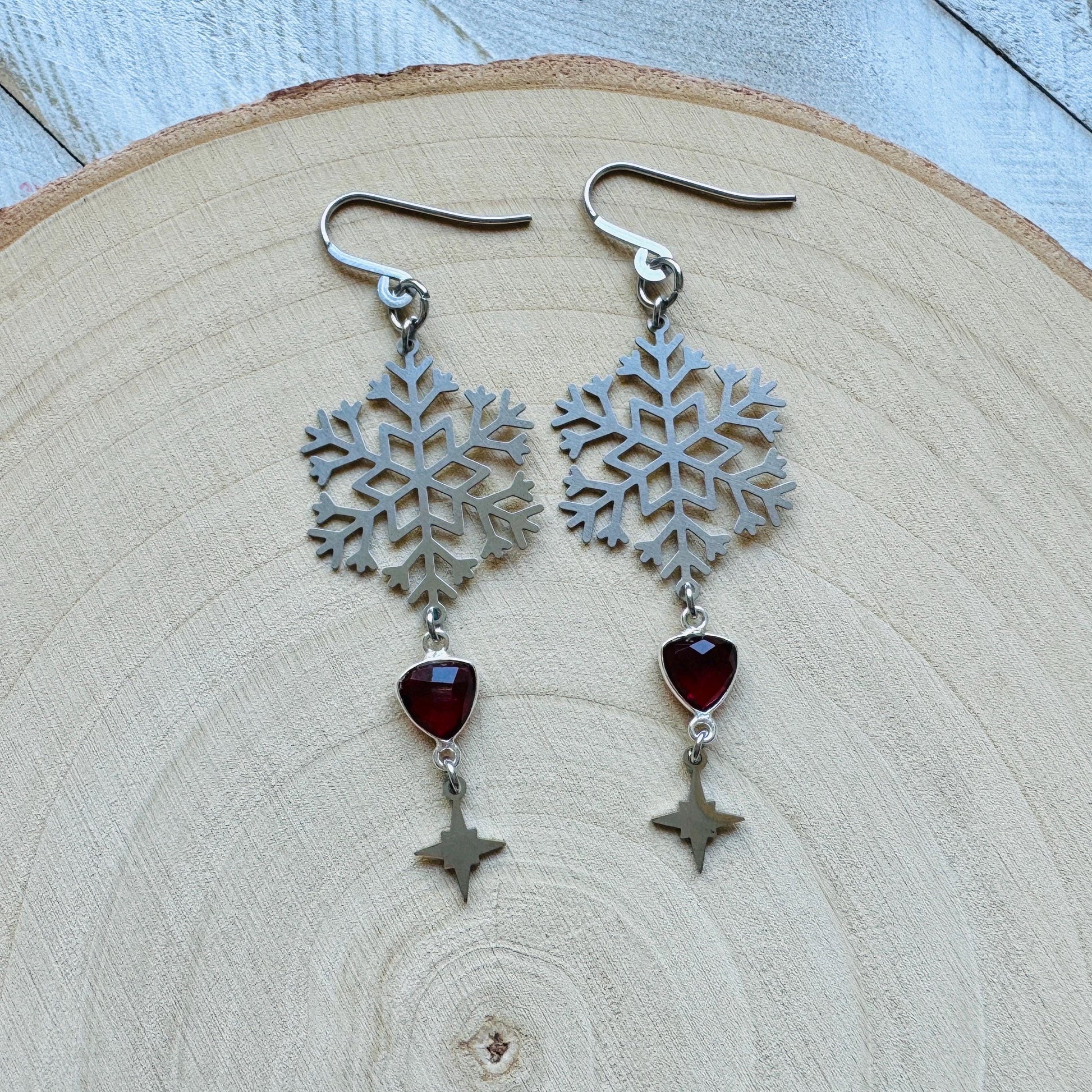 Snowflake Earrings, Garnet Earrings, Boho Earrings, Nature Lover Gift, Best Friend Birthday Gift, Sweet 16 Gift, Stocking Stuffers for Mom
