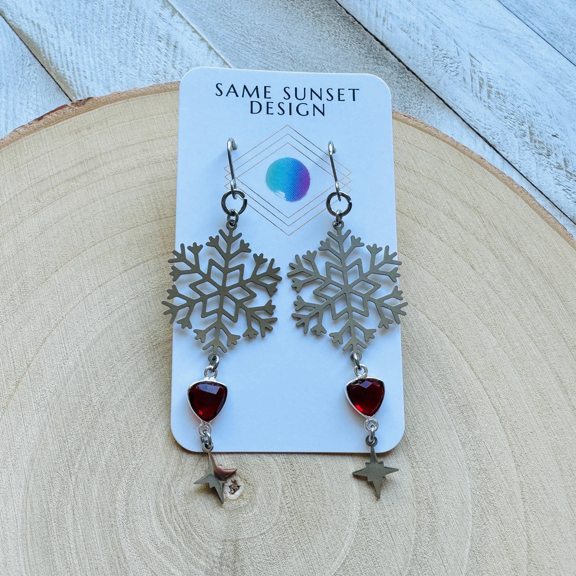 Snowflake Earrings, Garnet Earrings, Boho Earrings, Nature Lover Gift, Best Friend Birthday Gift, Sweet 16 Gift, Stocking Stuffers for Mom