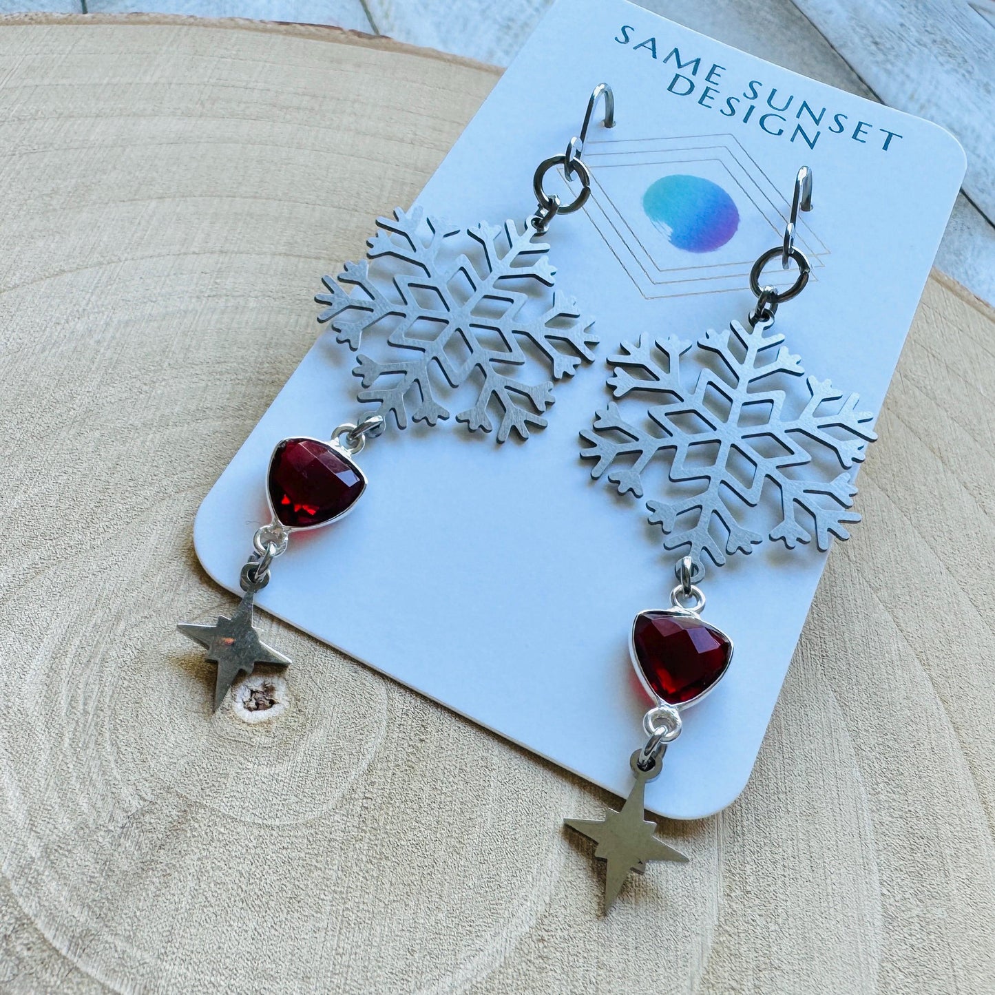 Snowflake Earrings, Garnet Earrings, Boho Earrings, Nature Lover Gift, Best Friend Birthday Gift, Sweet 16 Gift, Stocking Stuffers for Mom
