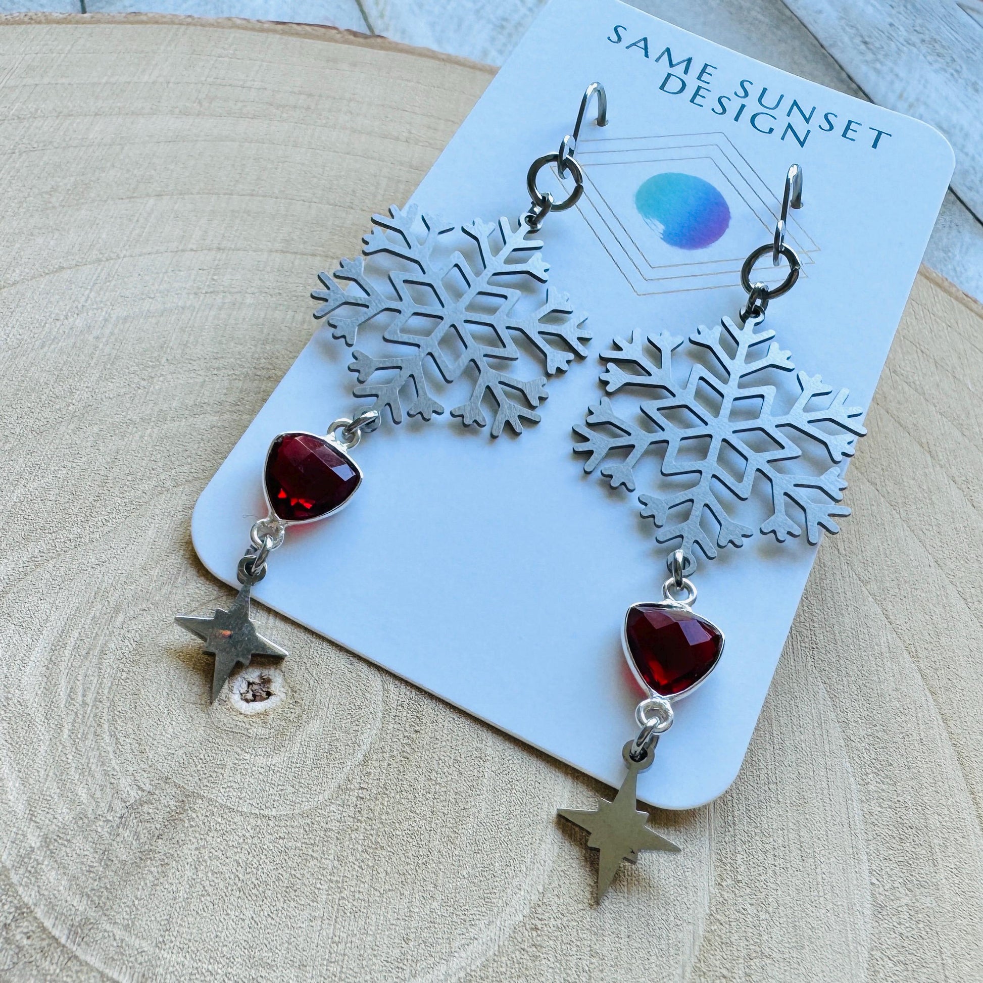 Snowflake Earrings, Garnet Earrings, Boho Earrings, Nature Lover Gift, Best Friend Birthday Gift, Sweet 16 Gift, Stocking Stuffers for Mom