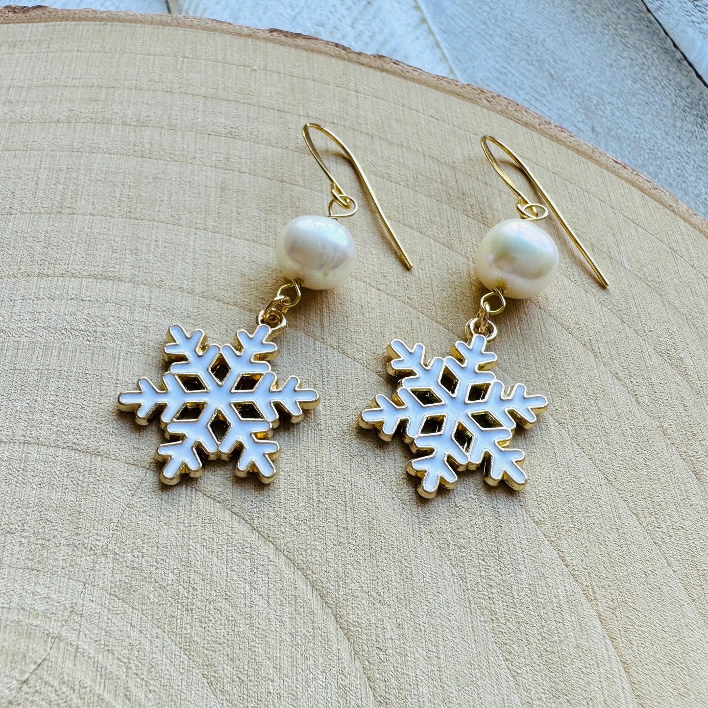 Snowflake Earrings, Pearl Earrings, Boho Earrings, Nature Lover Gift, Best Friend Birthday Gift, Stocking Stuffers for Mom, Teen Girl Gifts