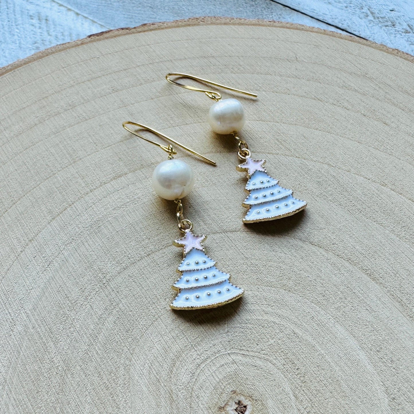 Christmas Tree Earrings, Pearl Earrings, Holiday Earrings Dangle, Stocking Stuffers for Mom, Teen Girl Gifts, BFF Christmas Gifts, Boho Chic