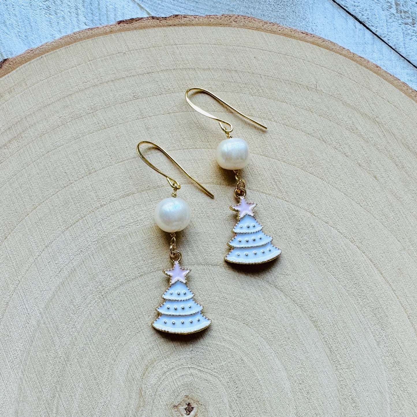 Christmas Tree Earrings, Pearl Earrings, Holiday Earrings Dangle, Stocking Stuffers for Mom, Teen Girl Gifts, BFF Christmas Gifts, Boho Chic