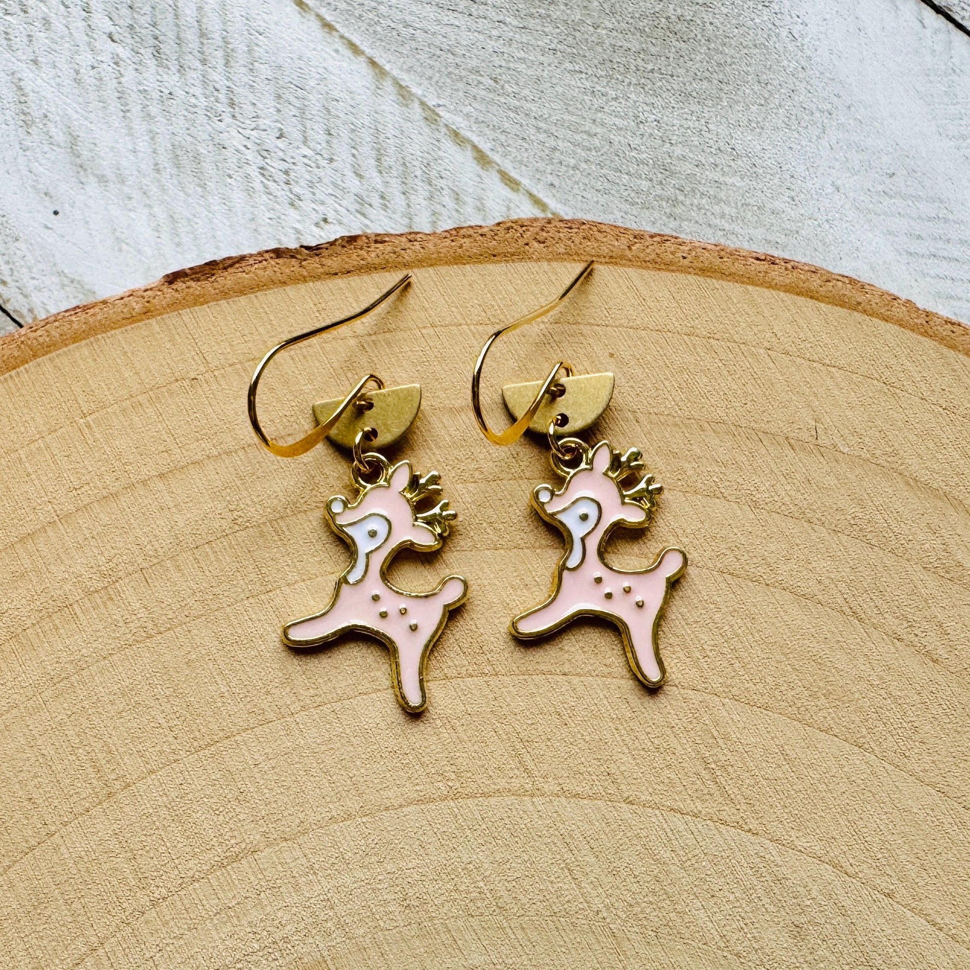 Reindeer Earrings, Pink Earrings, Holiday Earrings Dangle, Stocking Stuffers for Mom, Best Christmas Gifts for Women, Sweet 16 Gift