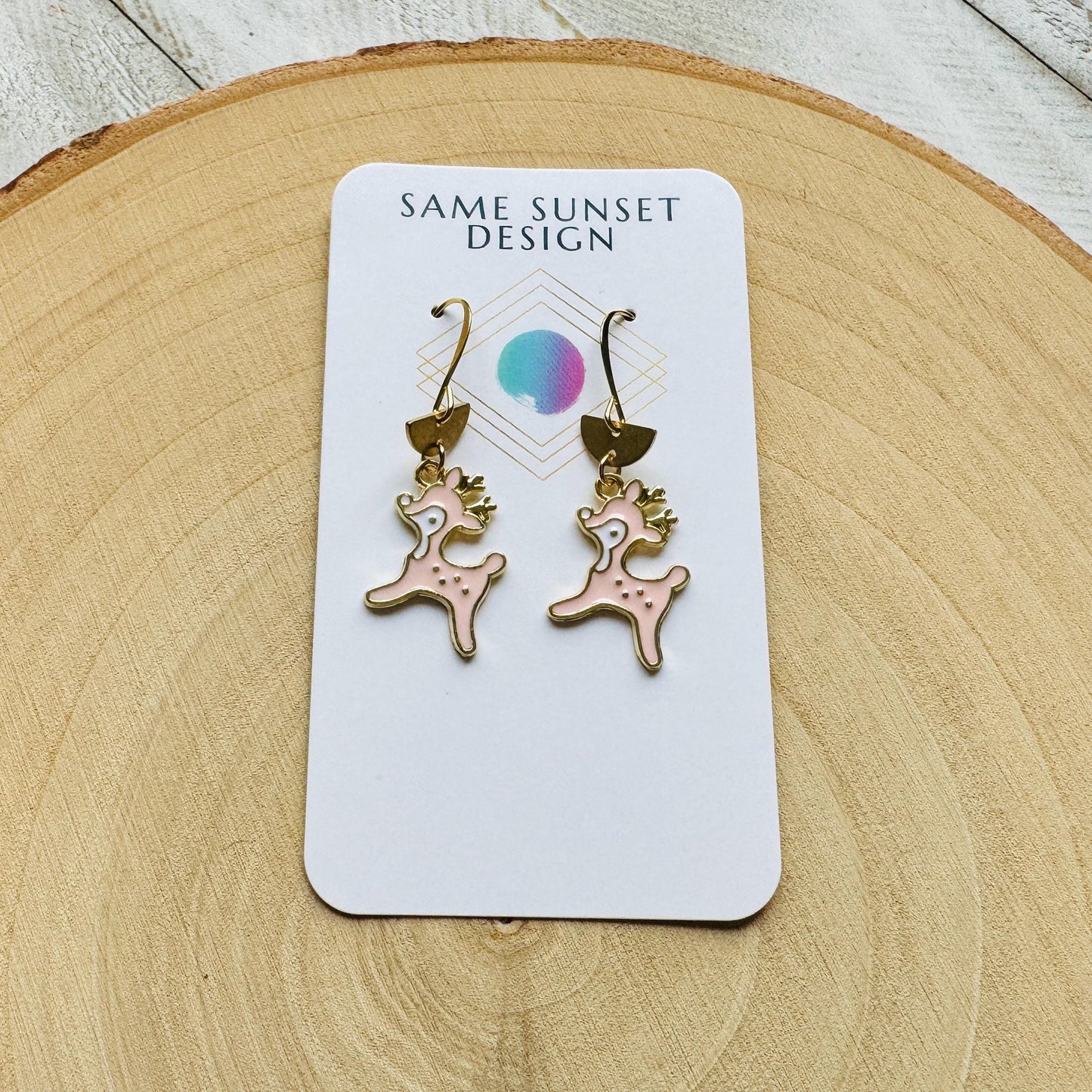 Reindeer Earrings, Pink Earrings, Holiday Earrings Dangle, Stocking Stuffers for Mom, Best Christmas Gifts for Women, Sweet 16 Gift