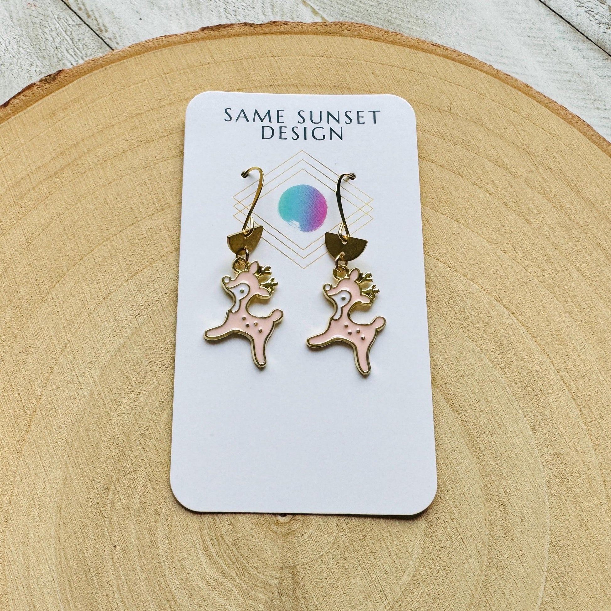 Reindeer Earrings, Pink Earrings, Holiday Earrings Dangle, Stocking Stuffers for Mom, Best Christmas Gifts for Women, Sweet 16 Gift