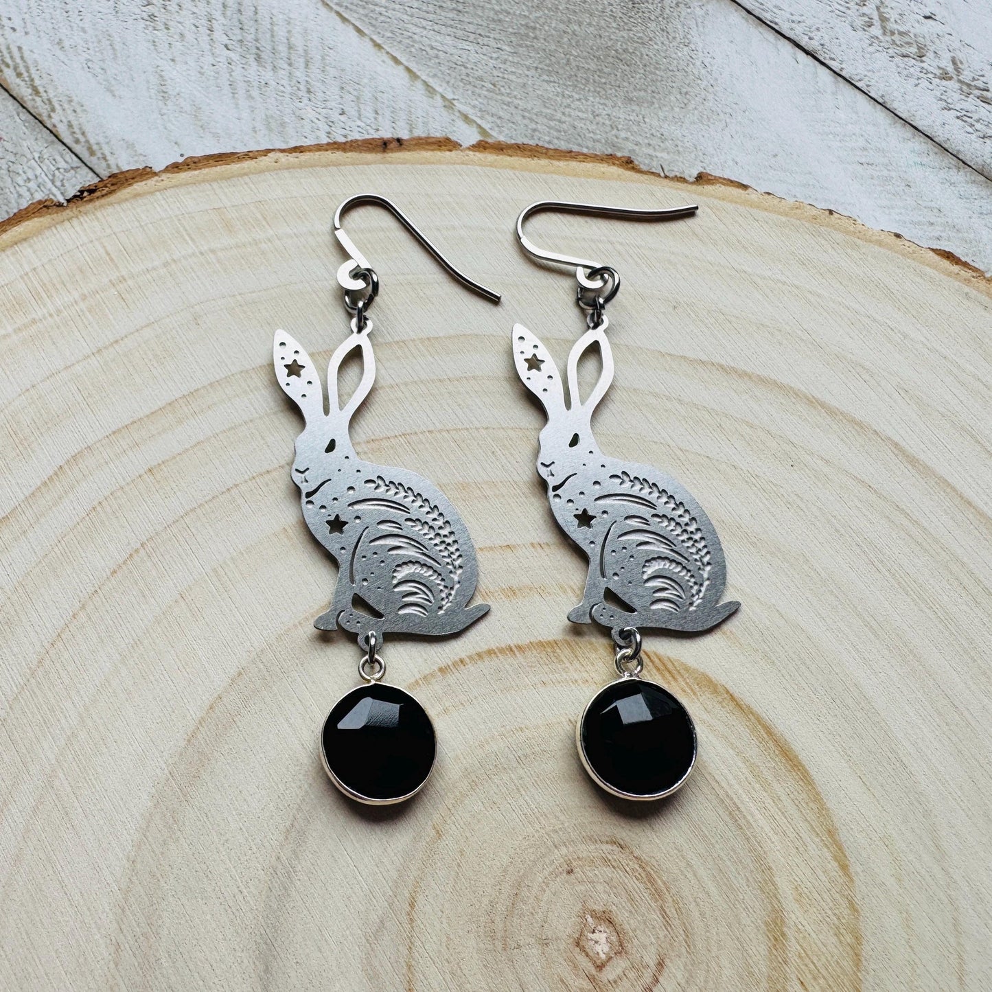 Bunny Earrings, Rabbits, Onyx Earrings, Gothic Earrings for Women, Punk Jewelry, Cottagecore Earrings, Easter Basket Stuffers for Tween