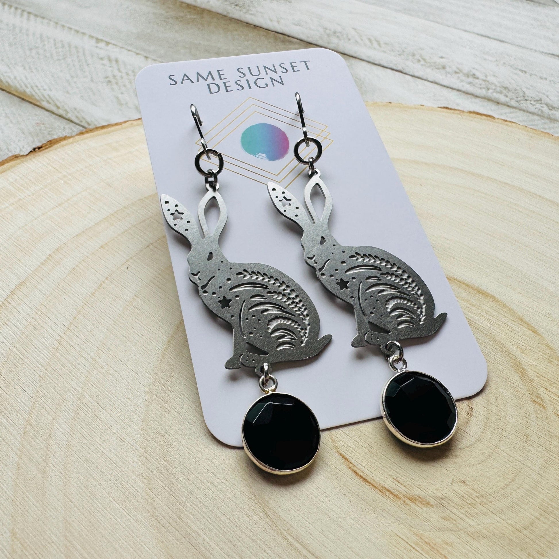 Bunny Earrings, Rabbits, Onyx Earrings, Gothic Earrings for Women, Punk Jewelry, Cottagecore Earrings, Easter Basket Stuffers for Tween