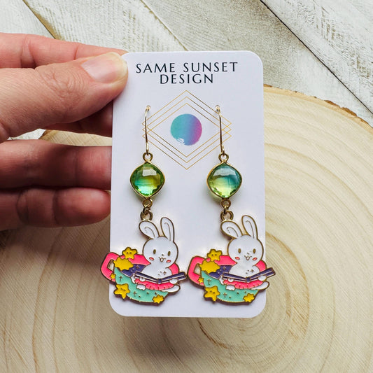 Bunny Earrings, Quartz Earrings, Crystal Earrings, Easter Basket Stuffers for Tween, Kawaii, Fun Birthday Gift, Friend Gifts for Women