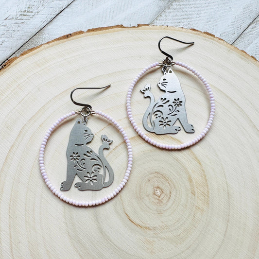 Cat Earrings, Seed Bead Earrings, Hoop Earrings Silver, Pastel Goth, Kitty Jewelry, Easter Basket Stuffers for Tween, Best Gift for Mom