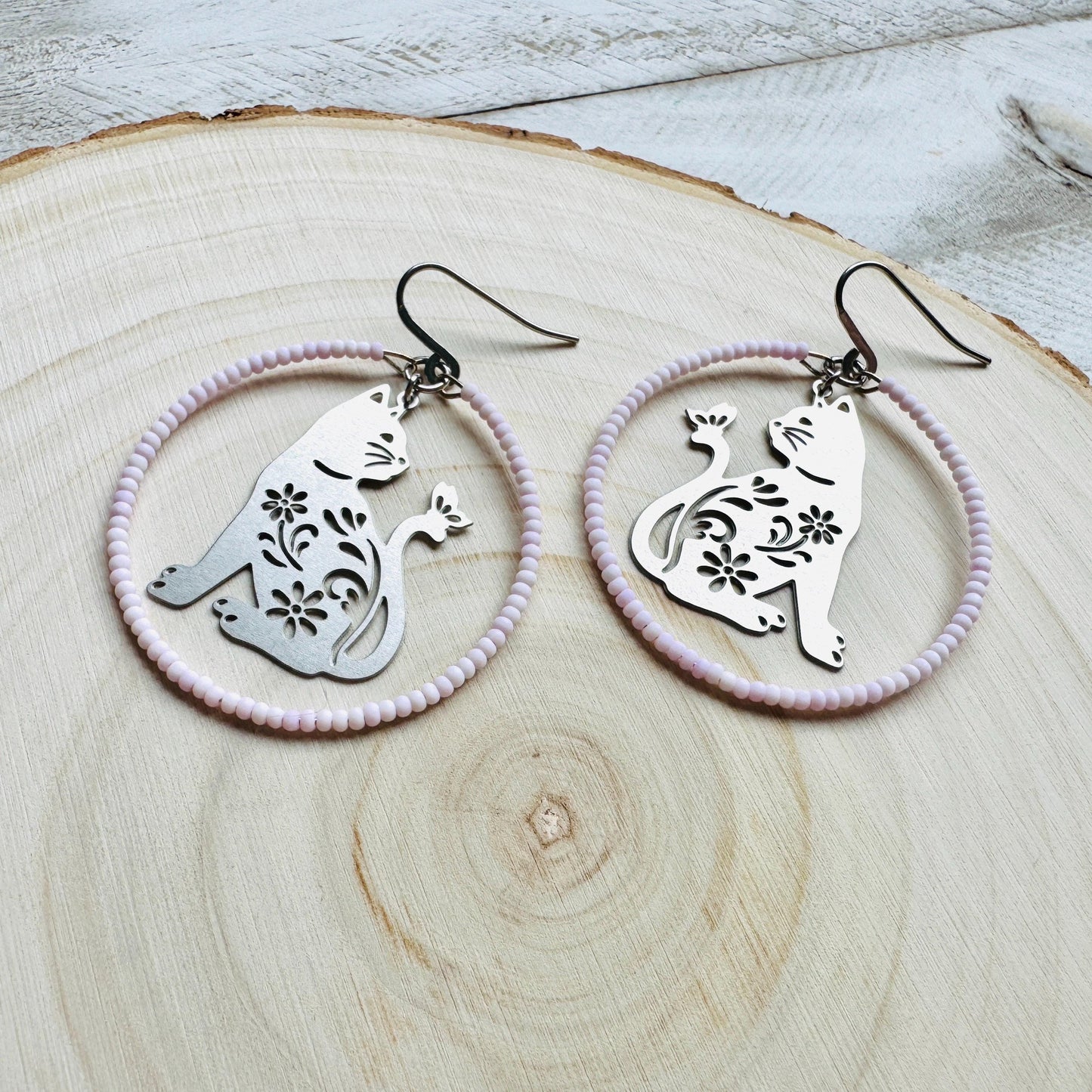 Cat Earrings, Seed Bead Earrings, Hoop Earrings Silver, Pastel Goth, Kitty Jewelry, Easter Basket Stuffers for Tween, Best Gift for Mom