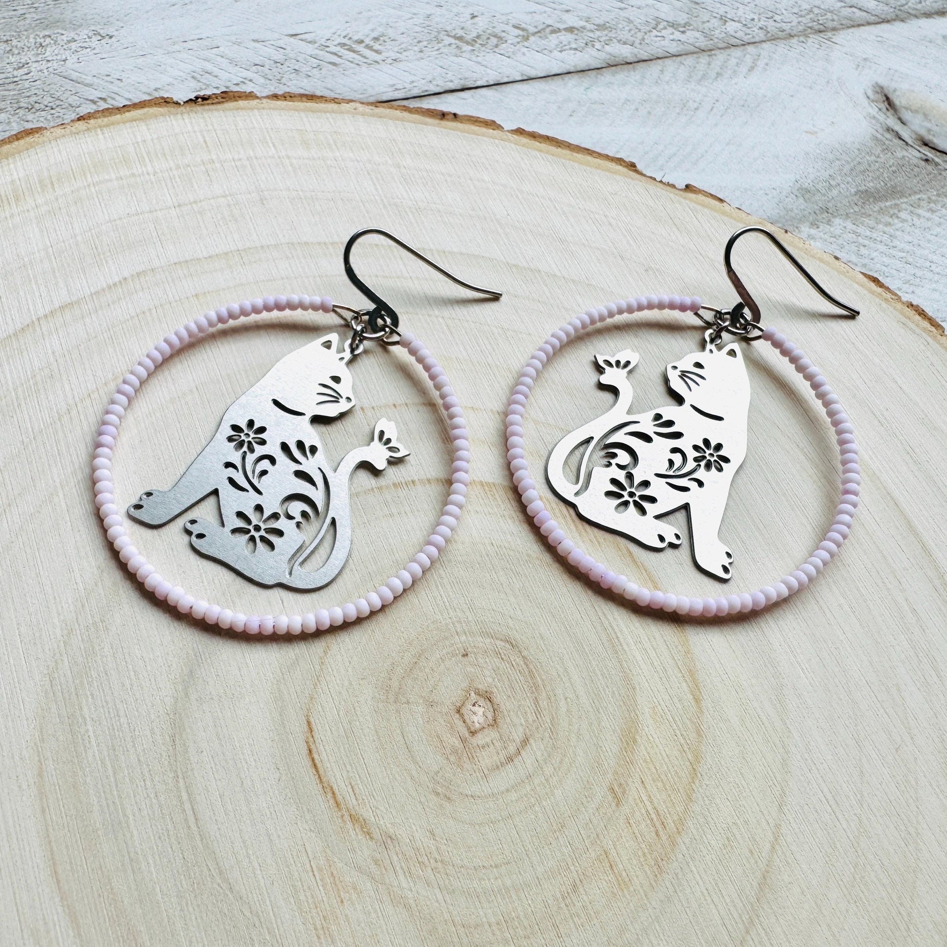 Cat Earrings, Seed Bead Earrings, Hoop Earrings Silver, Pastel Goth, Kitty Jewelry, Easter Basket Stuffers for Tween, Best Gift for Mom