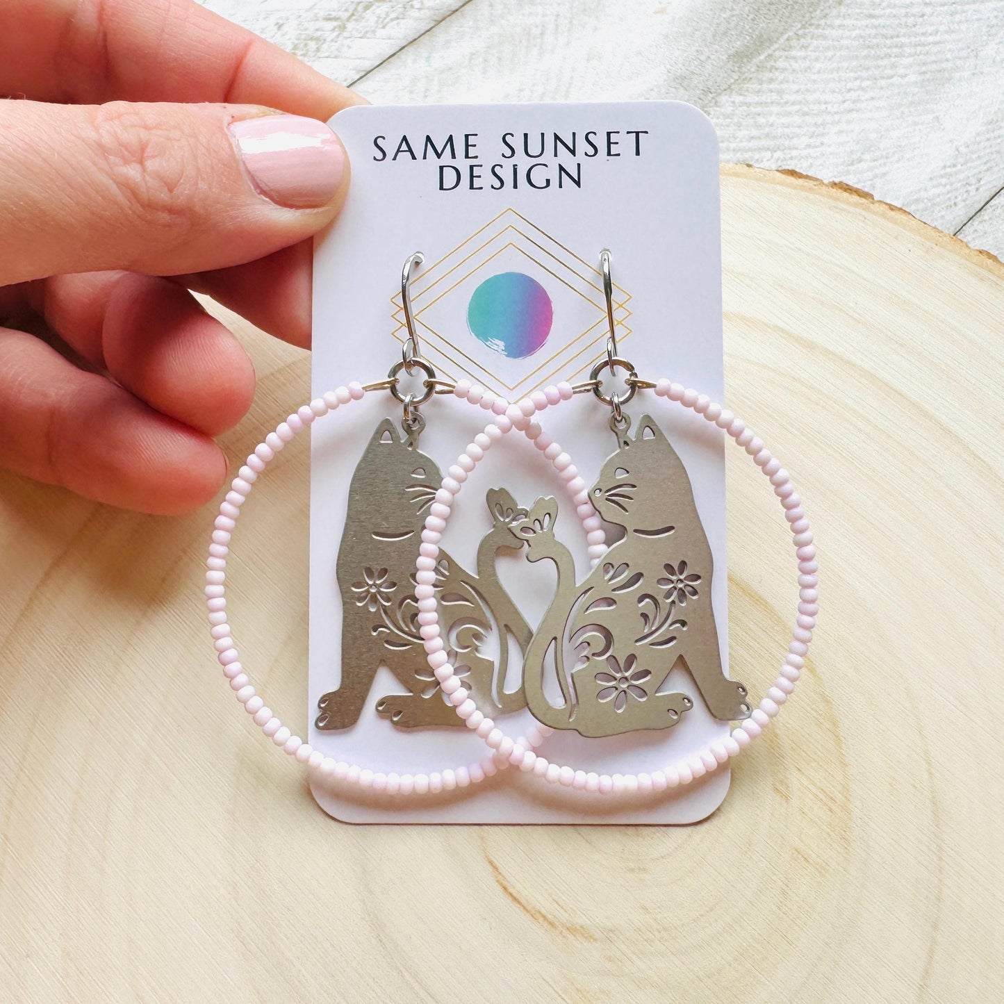 Cat Earrings, Seed Bead Earrings, Hoop Earrings Silver, Pastel Goth, Kitty Jewelry, Easter Basket Stuffers for Tween, Best Gift for Mom
