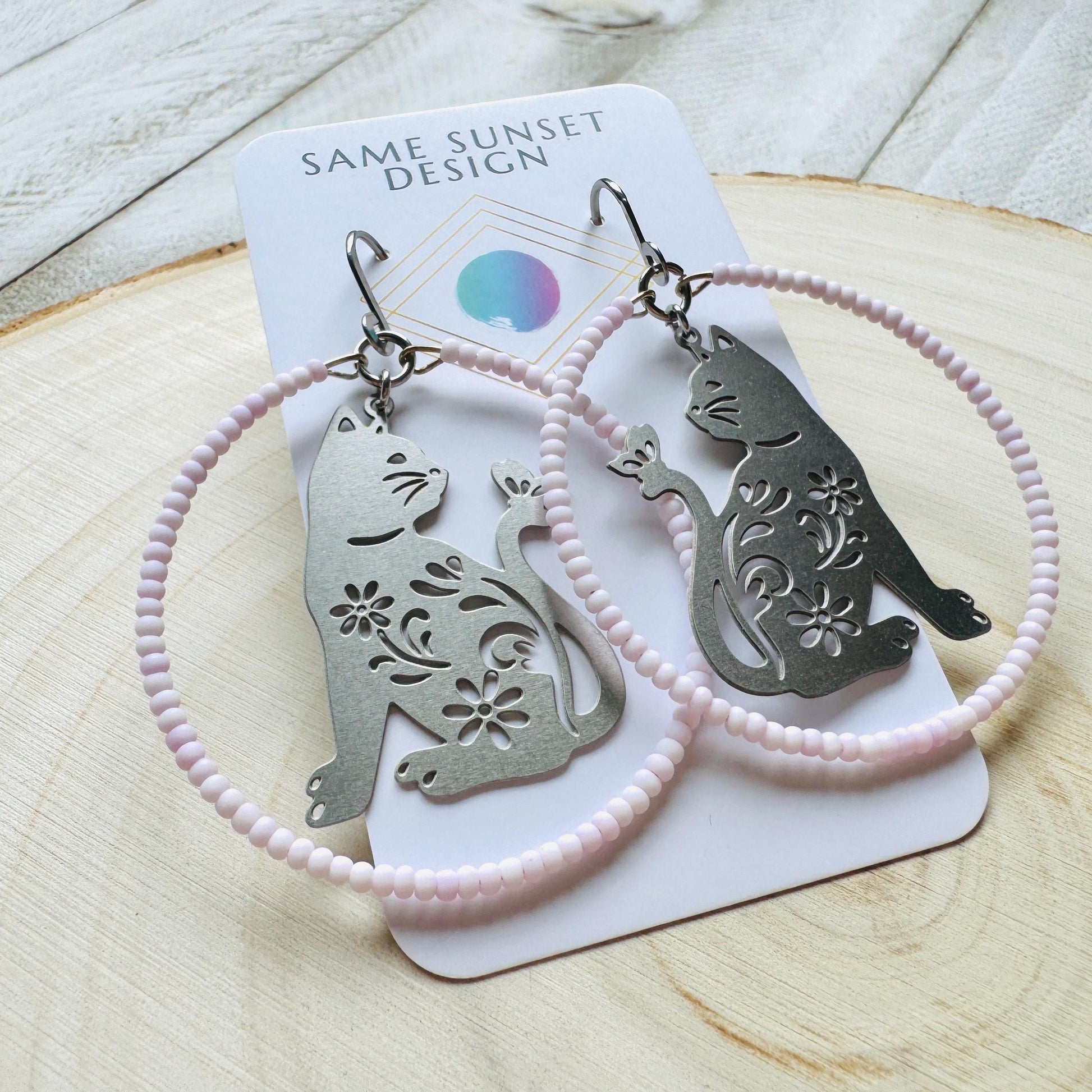 Cat Earrings, Seed Bead Earrings, Hoop Earrings Silver, Pastel Goth, Kitty Jewelry, Easter Basket Stuffers for Tween, Best Gift for Mom