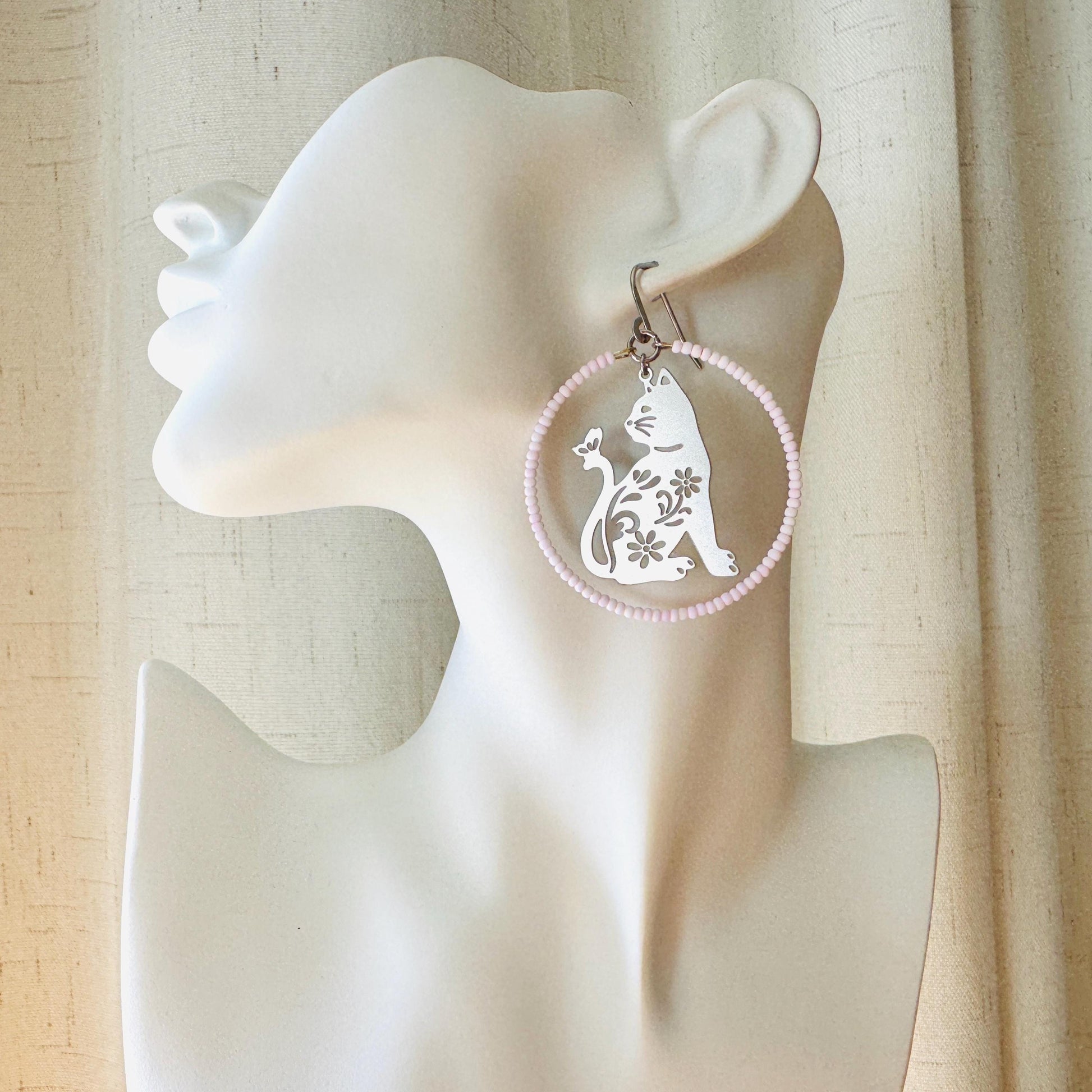 Cat Earrings, Seed Bead Earrings, Hoop Earrings Silver, Pastel Goth, Kitty Jewelry, Easter Basket Stuffers for Tween, Best Gift for Mom