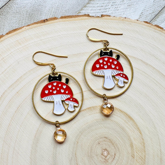 Cat Earrings, Mushroom Earrings, Cottagecore Earrings, Kitty Jewelry, Easter Basket Stuffers for Tween, Best Gift for Mom, Fun Birthday Gift