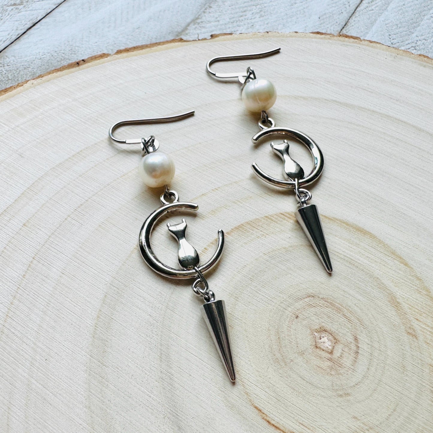 Cat Earrings, Pearl Earrings, Best Gifts for Aunt, Mothers Day Gift from Daughter, Easter Basket Stuffers for Tween, Witchy Gifts, Moons