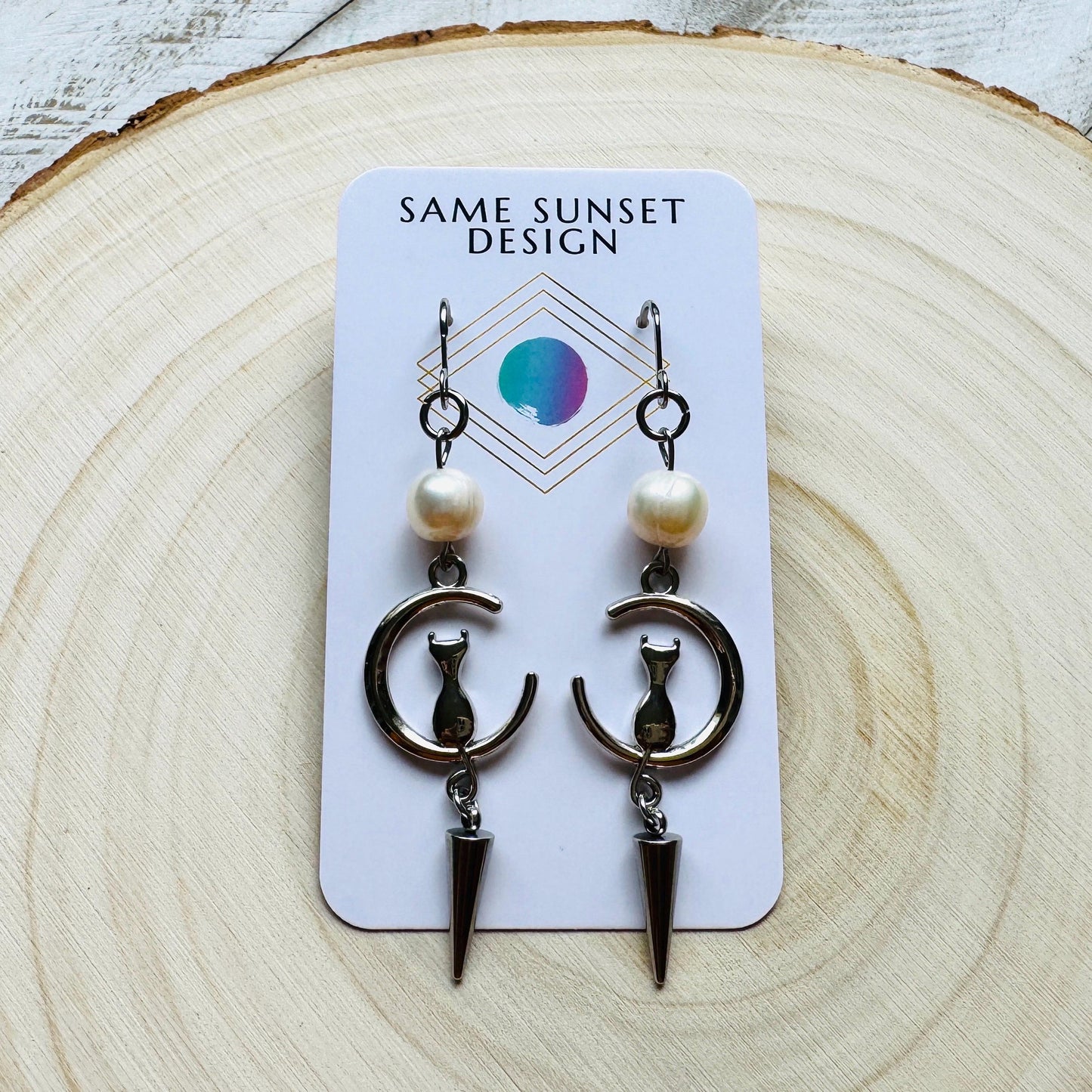 Cat Earrings, Pearl Earrings, Best Gifts for Aunt, Mothers Day Gift from Daughter, Easter Basket Stuffers for Tween, Witchy Gifts, Moons