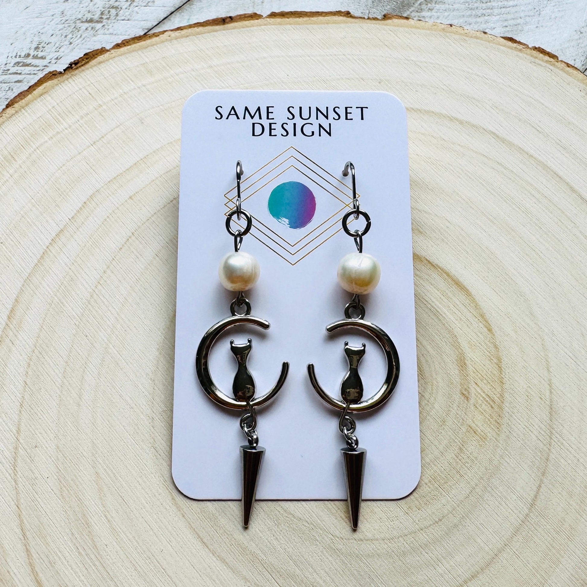 Cat Earrings, Pearl Earrings, Best Gifts for Aunt, Mothers Day Gift from Daughter, Easter Basket Stuffers for Tween, Witchy Gifts, Moons