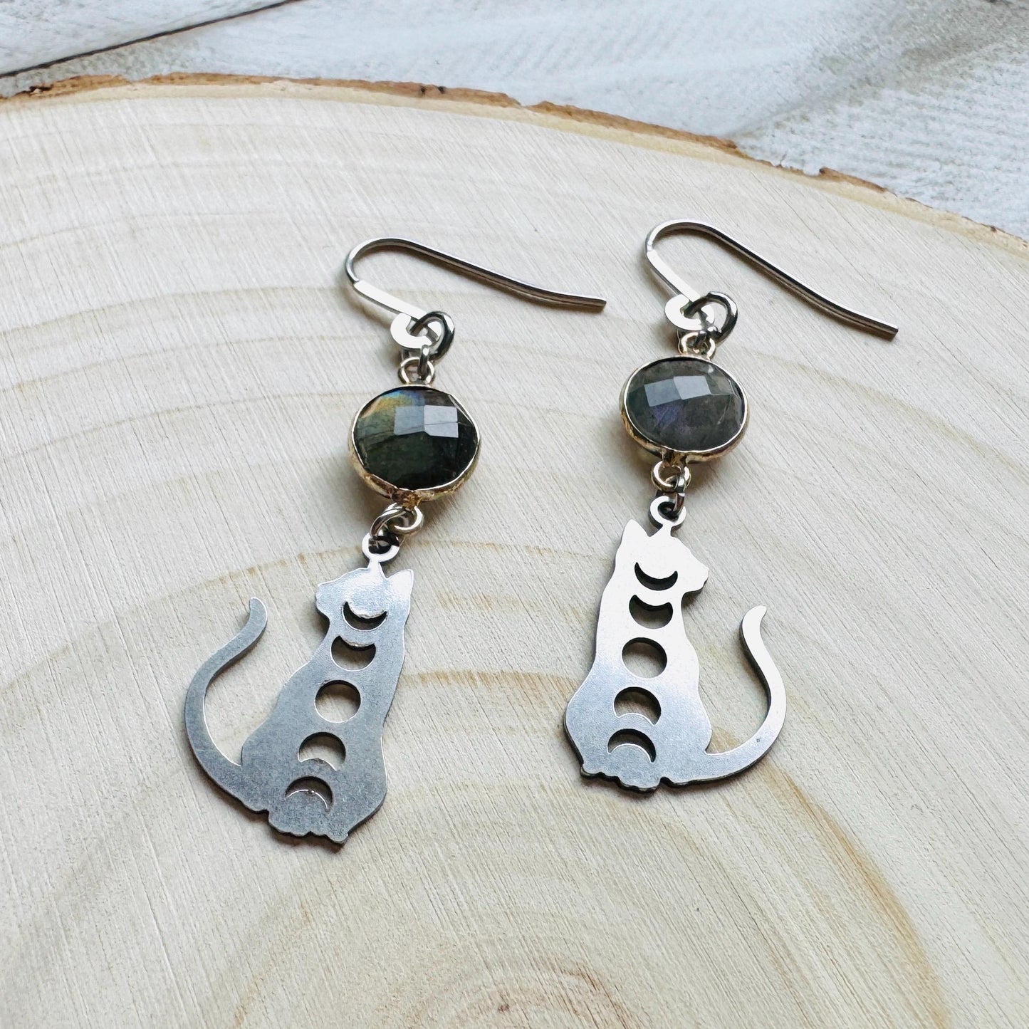 Cat Earrings, Labradorite Earrings, Moon Jewelry, Best Gifts for Aunt, Mothers Day Gift from Daughter, Easter Basket Stuffers for Tween