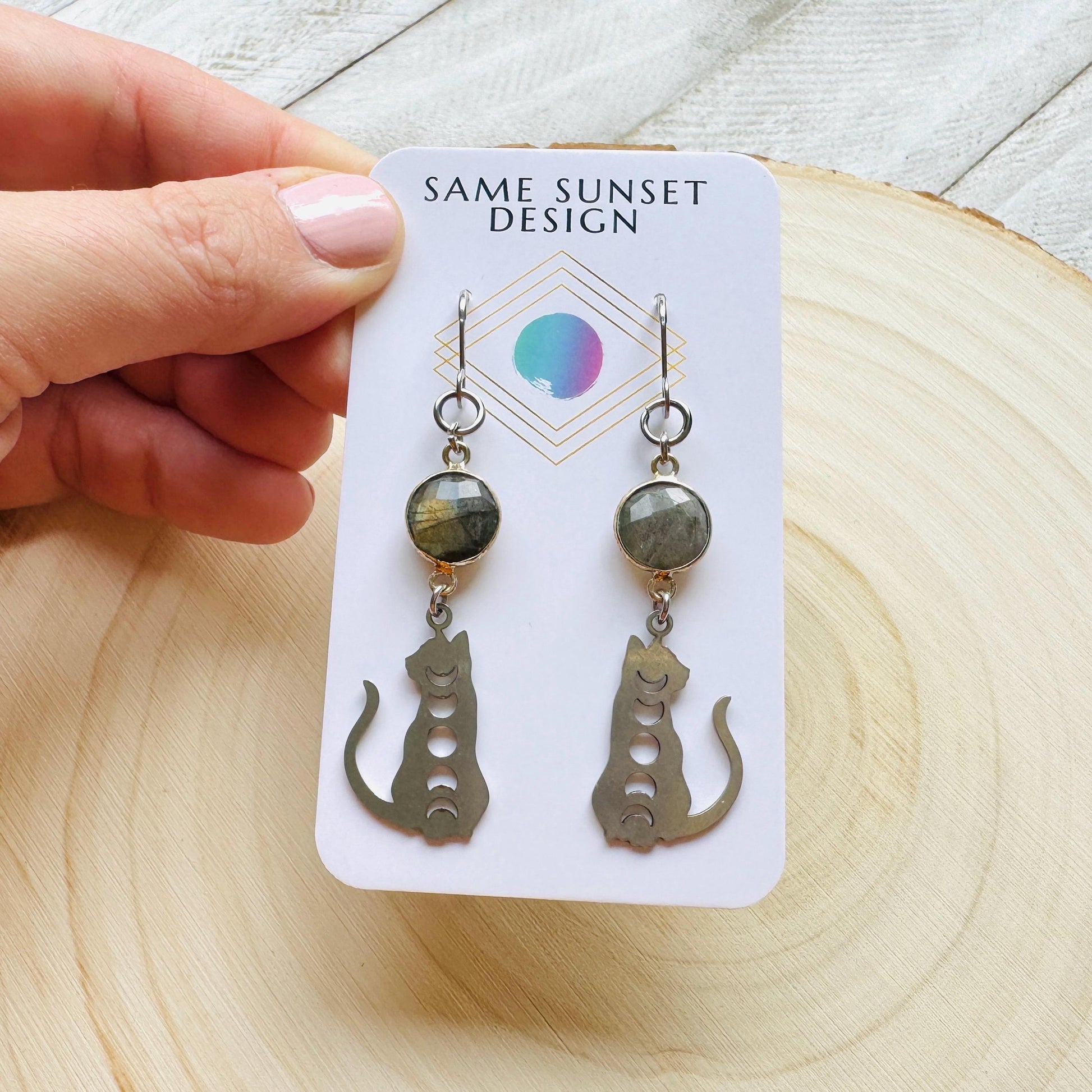 Cat Earrings, Labradorite Earrings, Moon Jewelry, Best Gifts for Aunt, Mothers Day Gift from Daughter, Easter Basket Stuffers for Tween