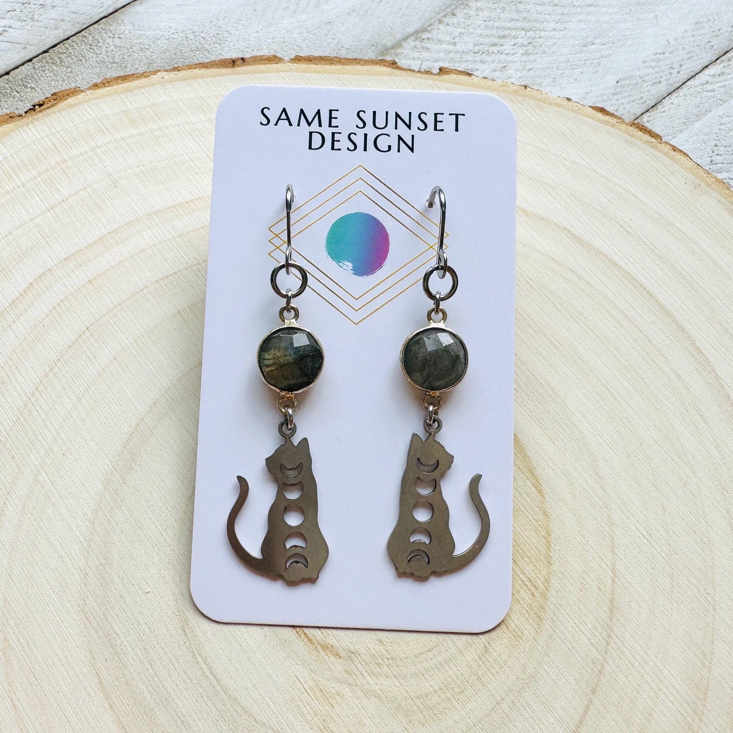 Cat Earrings, Labradorite Earrings, Moon Jewelry, Best Gifts for Aunt, Mothers Day Gift from Daughter, Easter Basket Stuffers for Tween