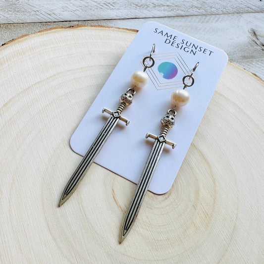 Sword Earrings, Pearl Earrings, Punk Earrings Dangle, Cat Earrings, Goth Earrings for Women, Easter Basket Stuffers for Tween, Gift for Mom