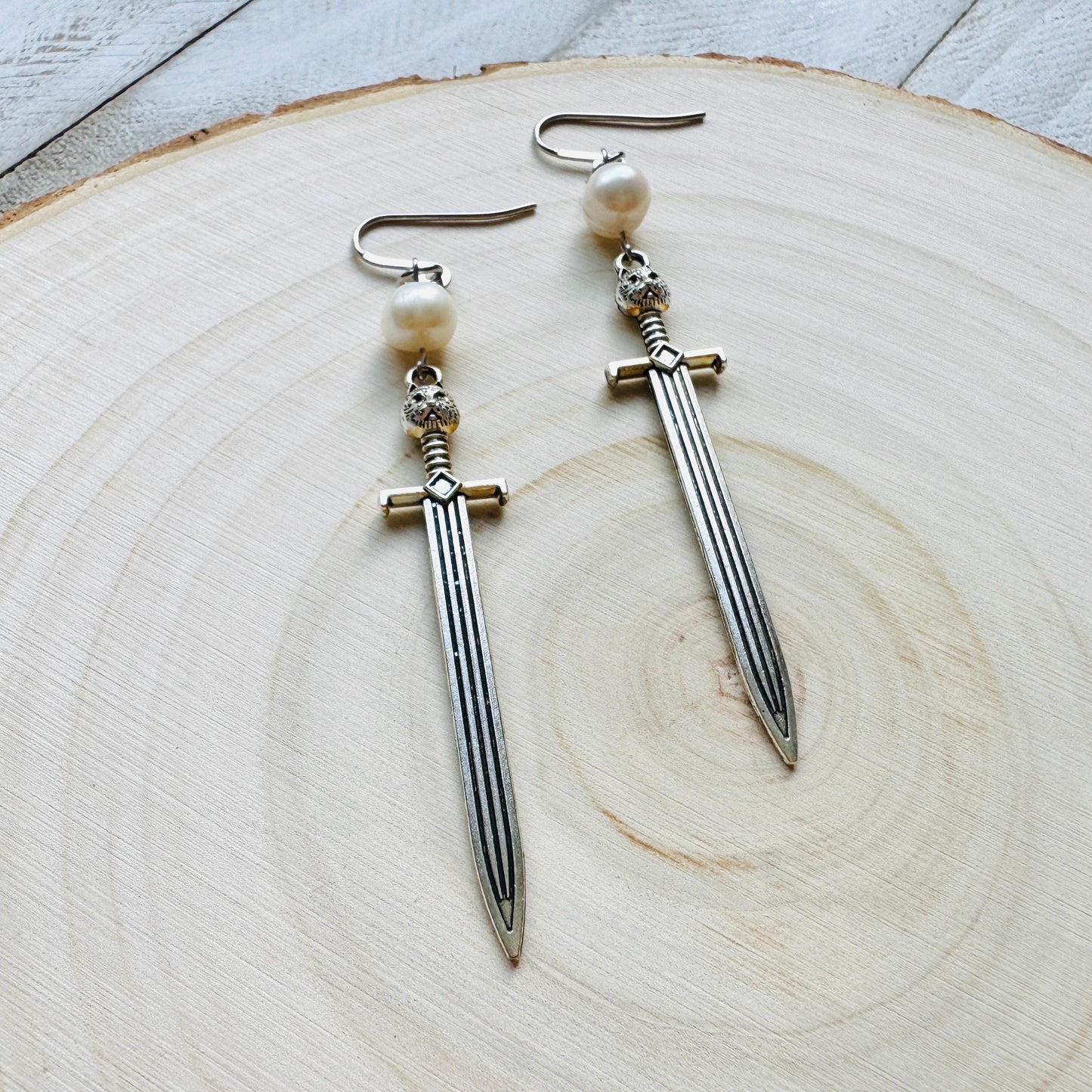 Sword Earrings, Pearl Earrings, Punk Earrings Dangle, Cat Earrings, Goth Earrings for Women, Easter Basket Stuffers for Tween, Gift for Mom