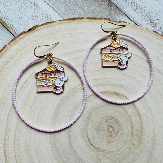 Bunny Earrings, Pink Hoops, Cottagecore Earrings, Seed Bead Earrings, Pastel Earrings, Easter Basket Stuffers for Women, Gift for Mom