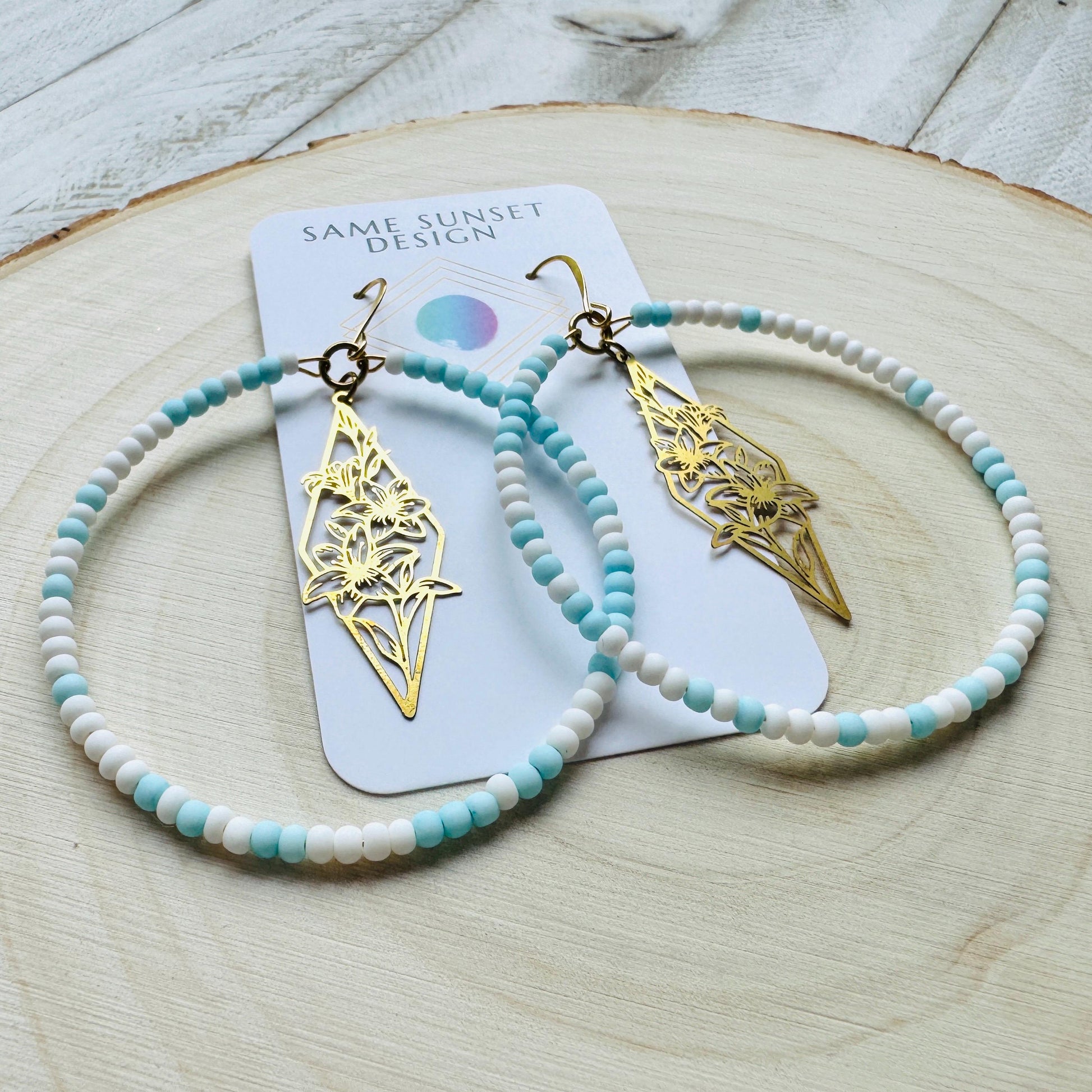 Flower Earrings, Blue Earrings, Seed Bead Hoop Earrings, Pastel Earrings, Boho Earrings, Easter Basket Stuffers for Women, Gift for Mom