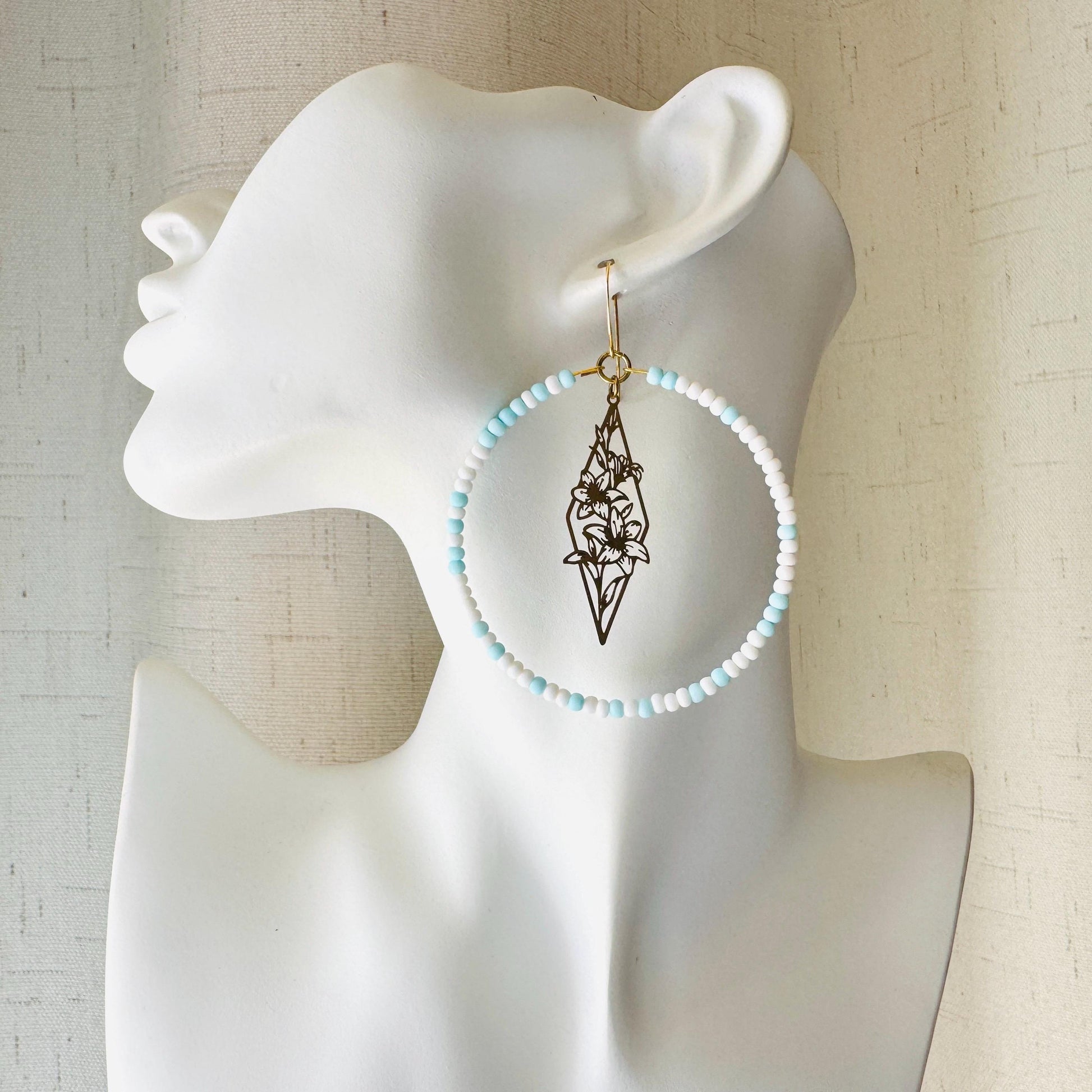Flower Earrings, Blue Earrings, Seed Bead Hoop Earrings, Pastel Earrings, Boho Earrings, Easter Basket Stuffers for Women, Gift for Mom