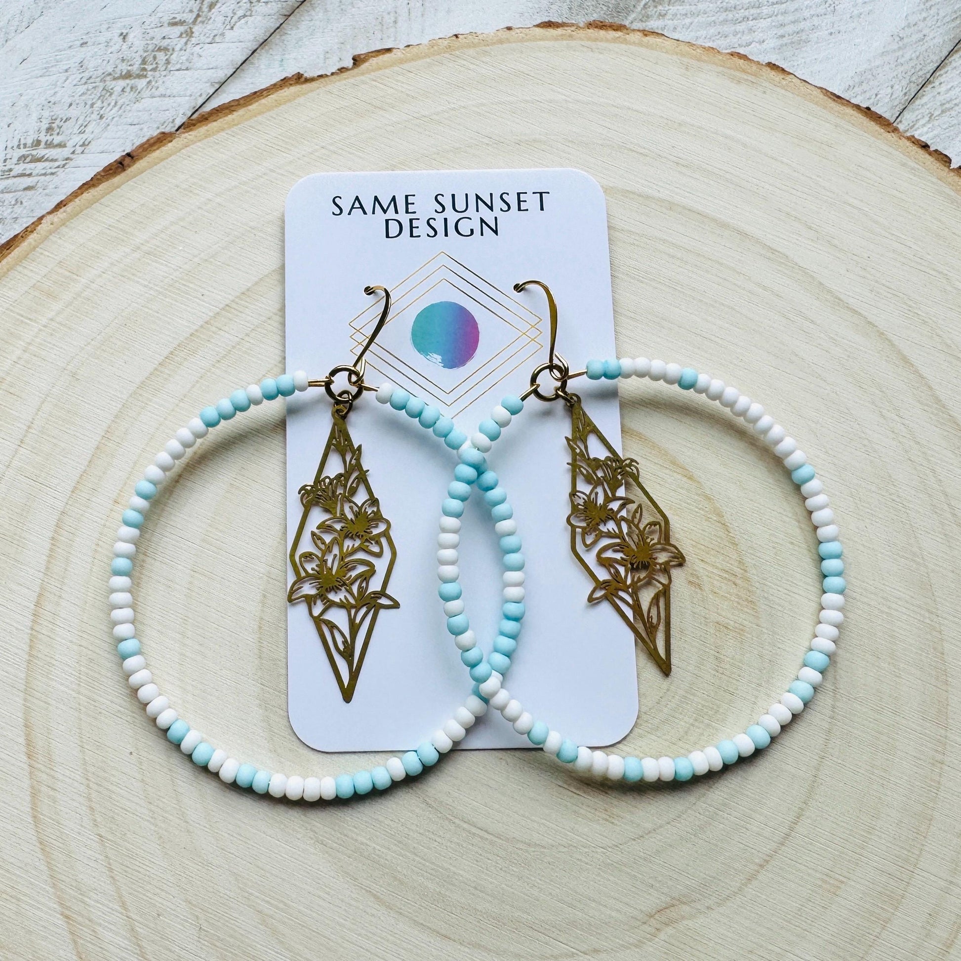 Flower Earrings, Blue Earrings, Seed Bead Hoop Earrings, Pastel Earrings, Boho Earrings, Easter Basket Stuffers for Women, Gift for Mom