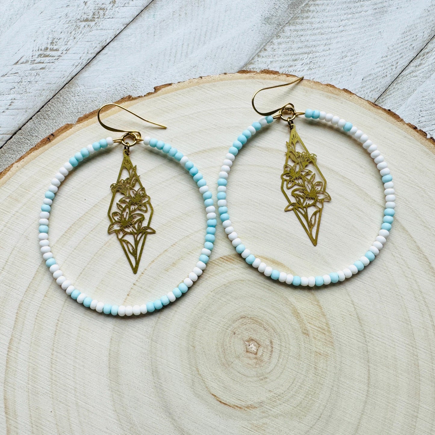 Flower Earrings, Blue Earrings, Seed Bead Hoop Earrings, Pastel Earrings, Boho Earrings, Easter Basket Stuffers for Women, Gift for Mom