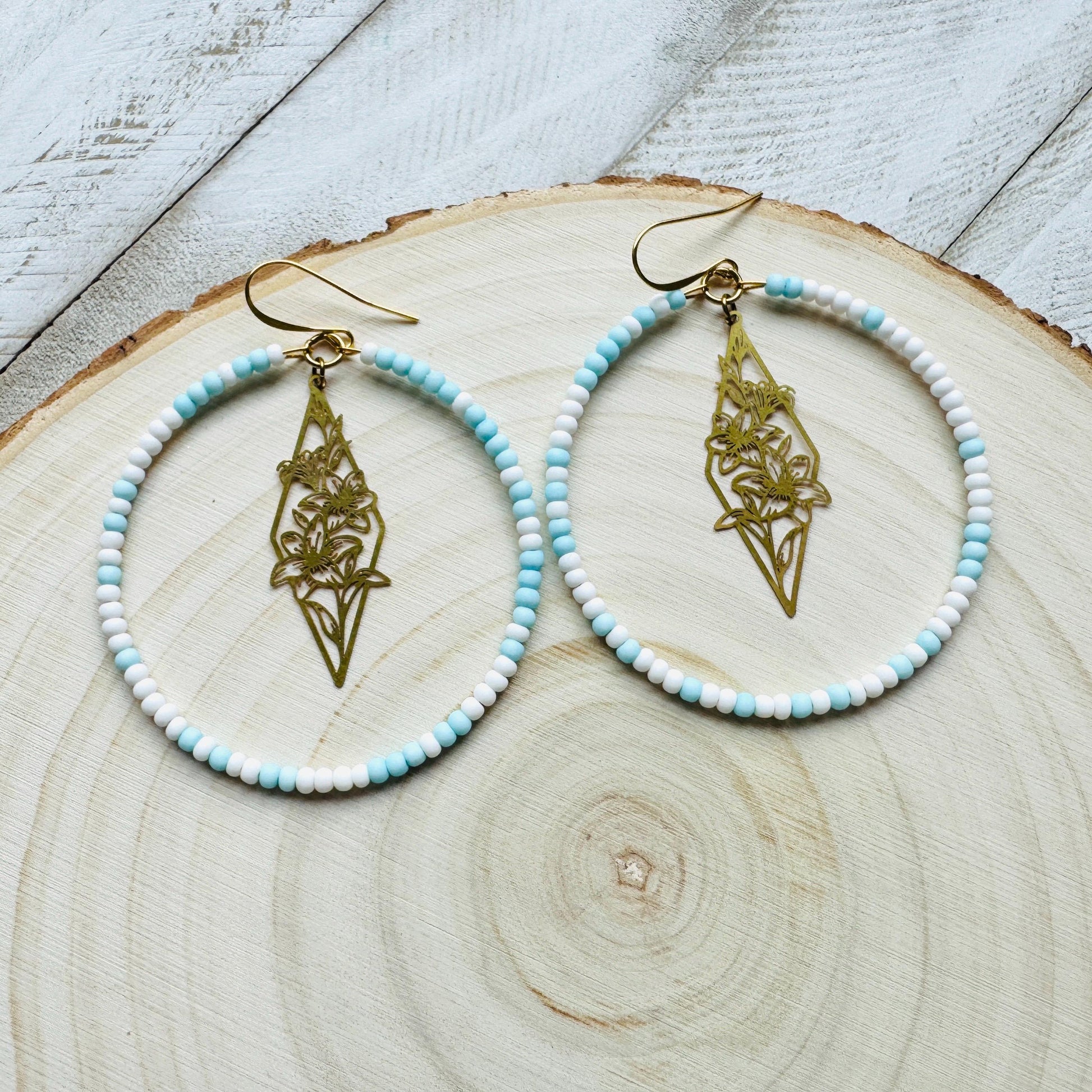 Flower Earrings, Blue Earrings, Seed Bead Hoop Earrings, Pastel Earrings, Boho Earrings, Easter Basket Stuffers for Women, Gift for Mom