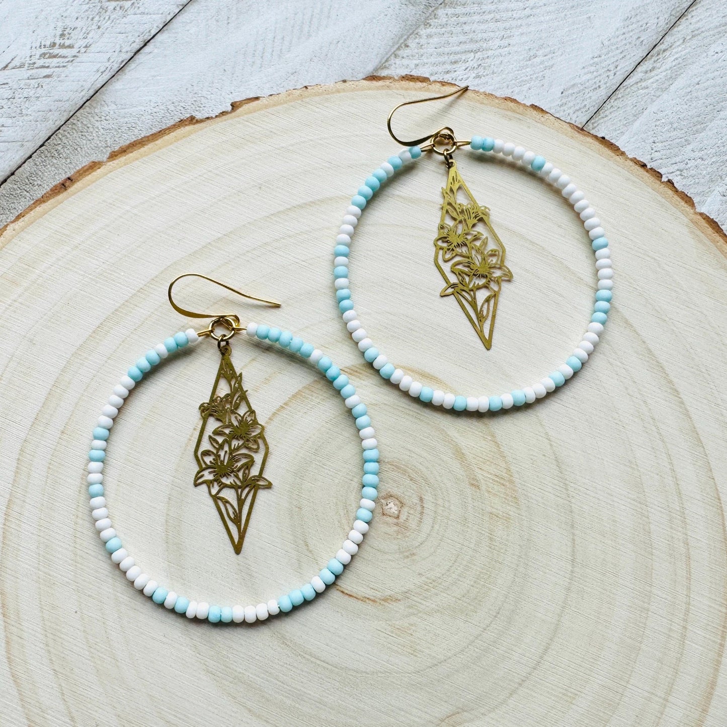 Flower Earrings, Blue Earrings, Seed Bead Hoop Earrings, Pastel Earrings, Boho Earrings, Easter Basket Stuffers for Women, Gift for Mom