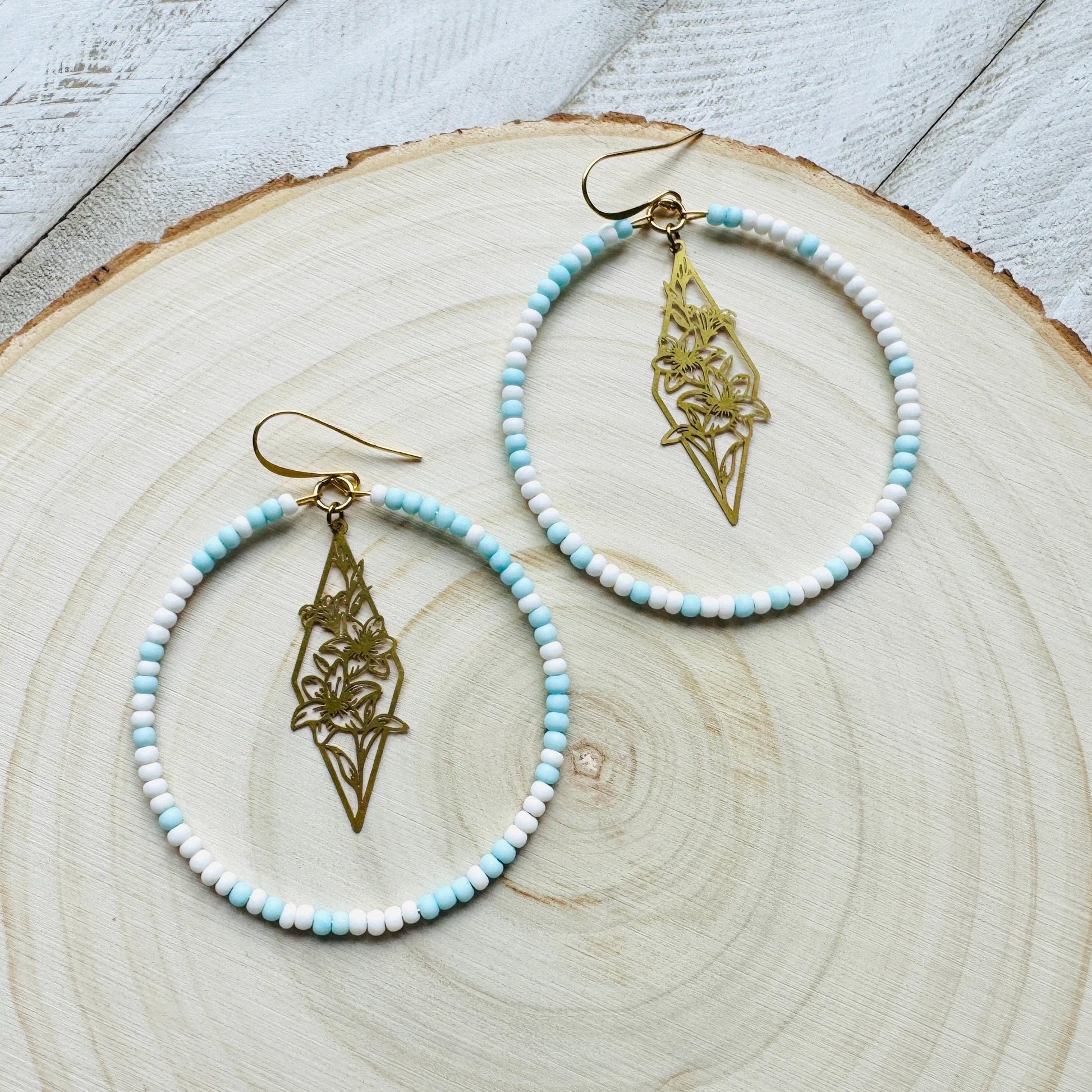 Flower Earrings, Blue Earrings, Seed Bead Hoop Earrings, Pastel Earrings, Boho Earrings, Easter Basket Stuffers for Women, Gift for Mom