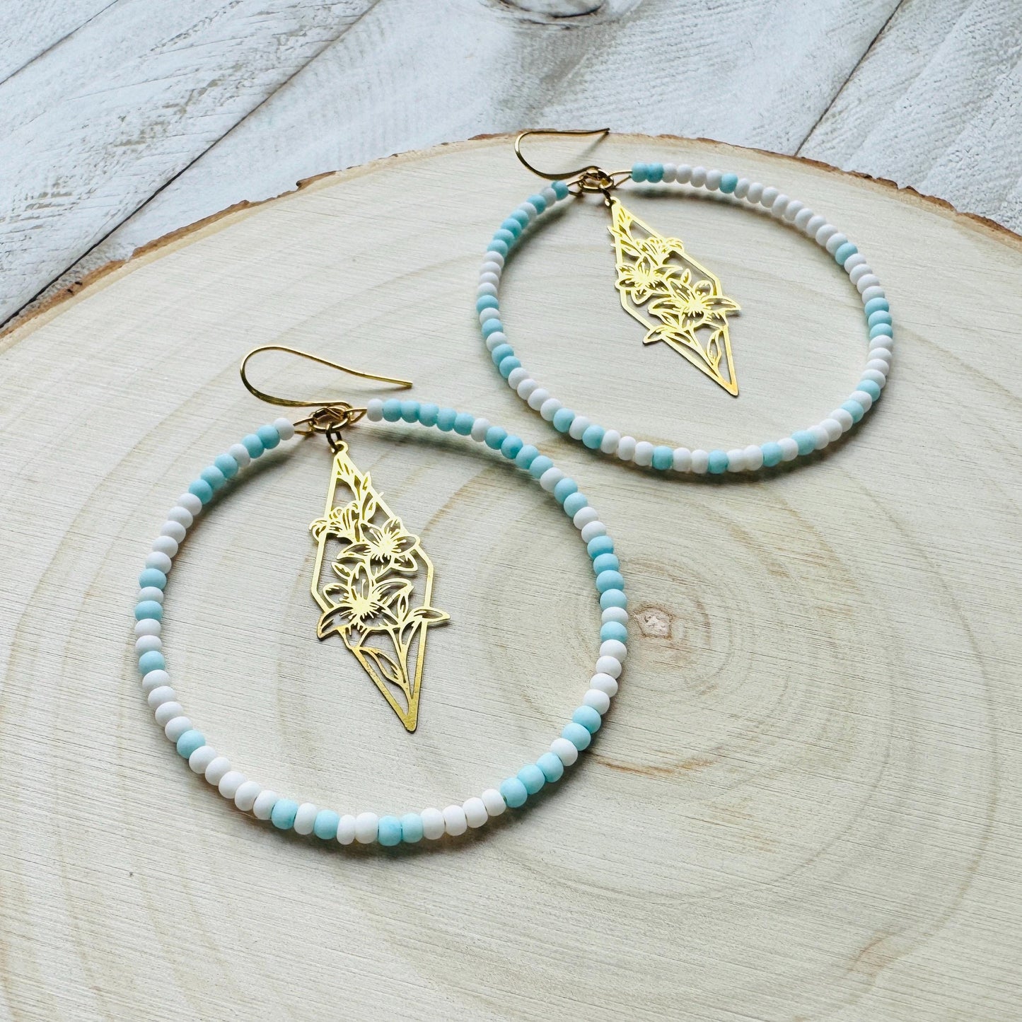 Flower Earrings, Blue Earrings, Seed Bead Hoop Earrings, Pastel Earrings, Boho Earrings, Easter Basket Stuffers for Women, Gift for Mom