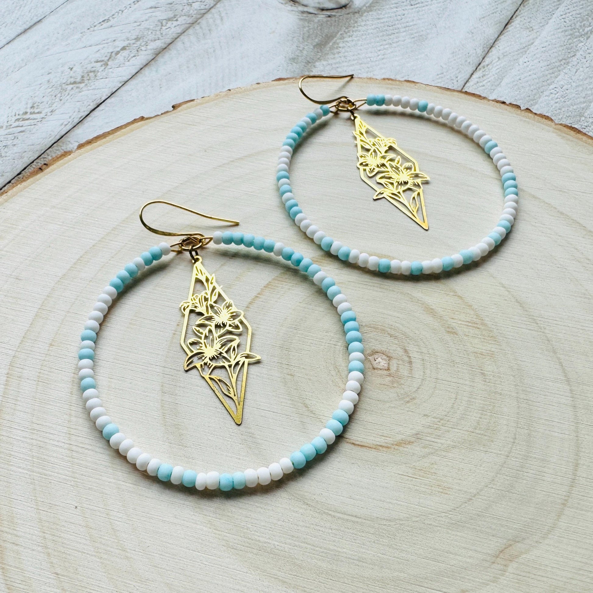 Flower Earrings, Blue Earrings, Seed Bead Hoop Earrings, Pastel Earrings, Boho Earrings, Easter Basket Stuffers for Women, Gift for Mom
