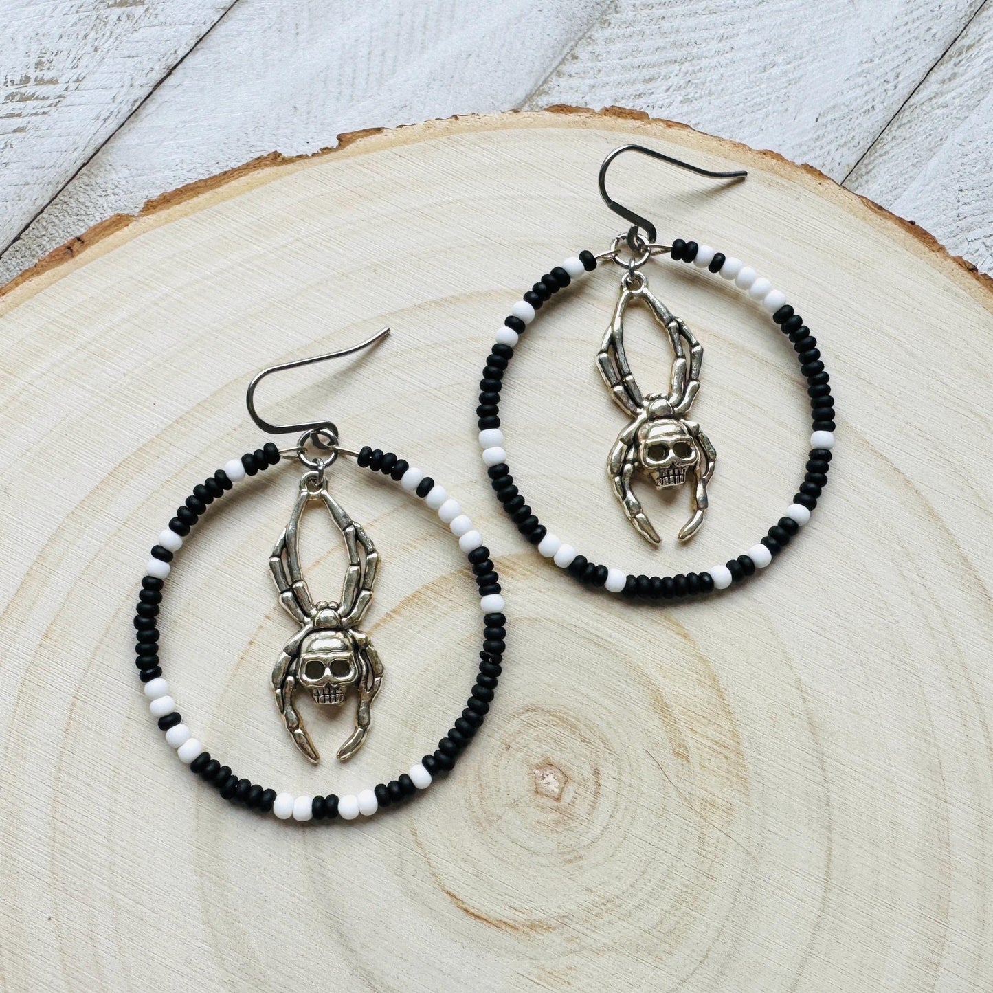Spider Earrings, Seed Bead Earrings, Hoop Earrings Silver, Corporate Goth, Punk Earrings Dangle, Easter Basket Stuffers for Women, Witchy